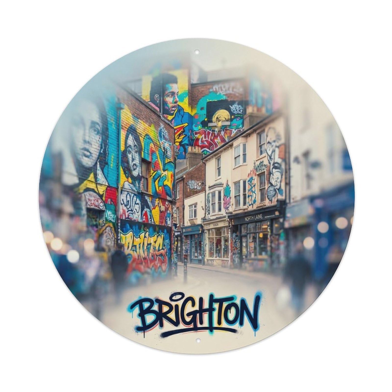 Brighton Urban Mural Street Culture Cityscape Vintage Travel Metal Tin Sign Plaque Wall Decor for Cafe, Man Cave, Club Bar, Office, Home Garden Round Metal Poster 8x8Inch
