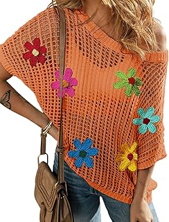 Womens Summer Crochet Tops Scoop Neck Short Sleeve Pullover Sweater Hollow Out Knit Tops Shirts Beach Cover Ups - Buy now