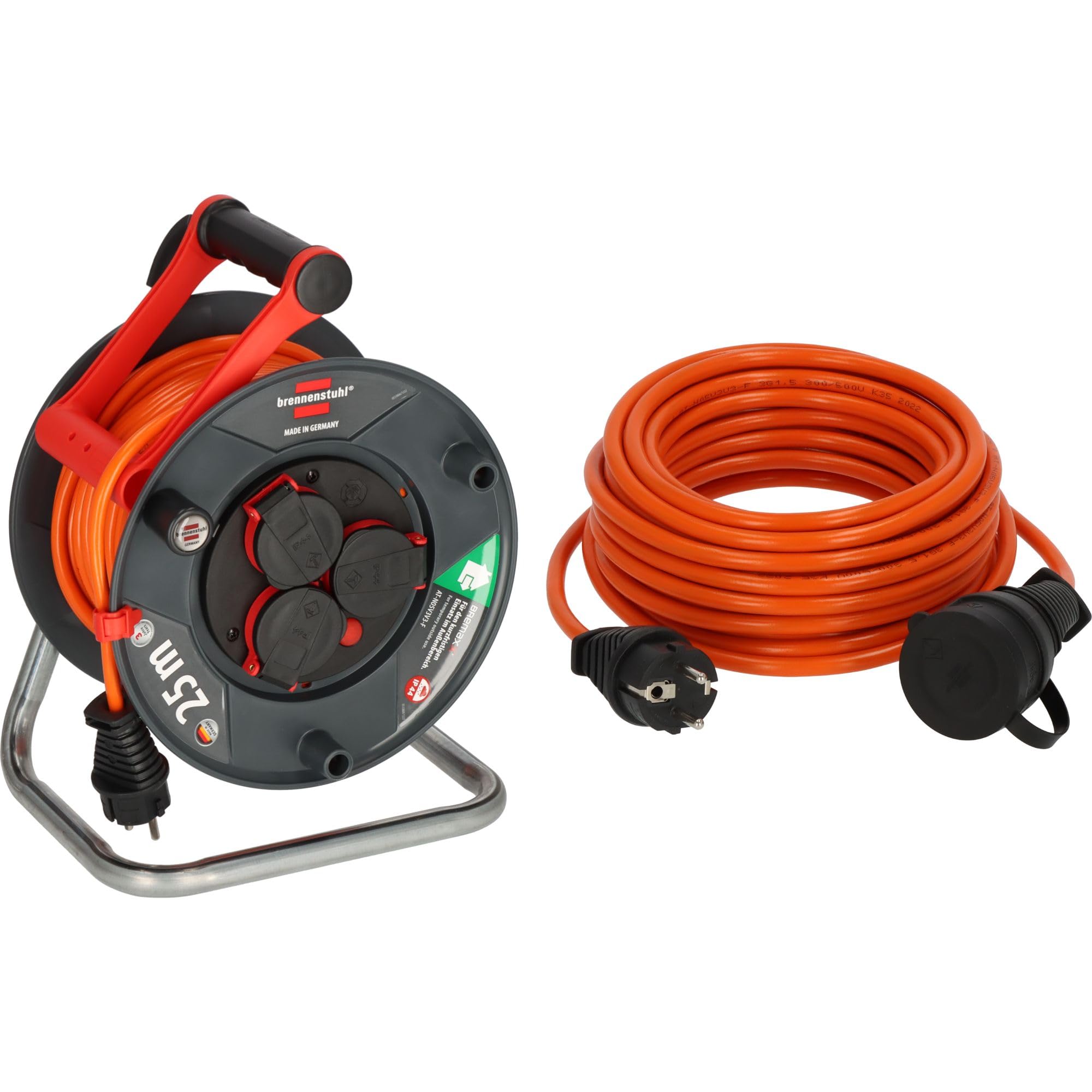 Brennenstuhl Kabeltrommel SPAR-SET 25m outdoor Garant V2 (Made in Germany, IP44) + BREMAXX Verlängerungskabel 10m (Made in Germany, IP44, einsetzbar bis -35 °C, öl- und UV-beständig)