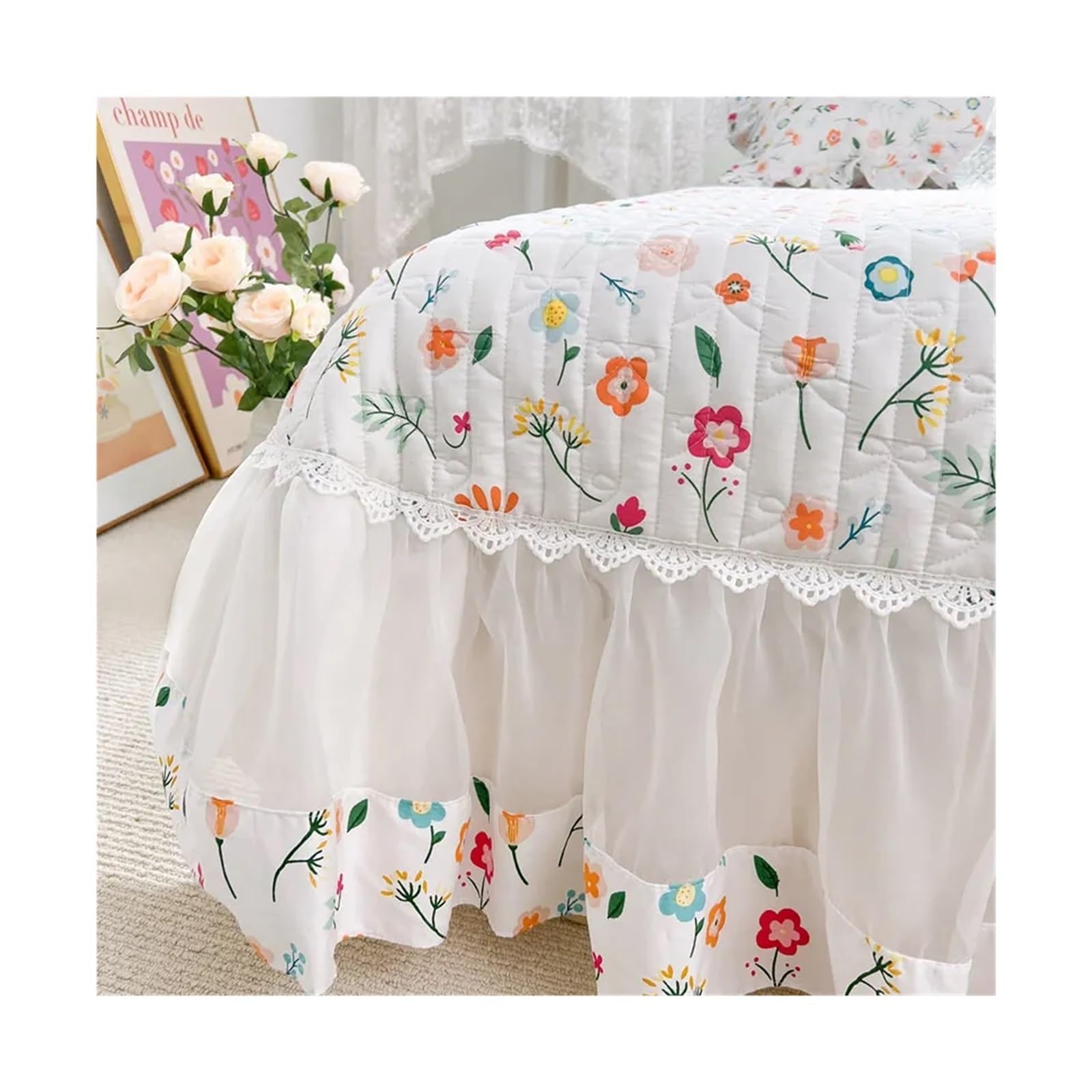 Colchas Acolchadas Colcha acolchada elegante de algodón tamaño King, cubrecamas de 250x270cm, Sábana de cama doble de encaje con volantes de gran tamaño, 2 fundas de almohada Ligera Colcha Cubrecama D