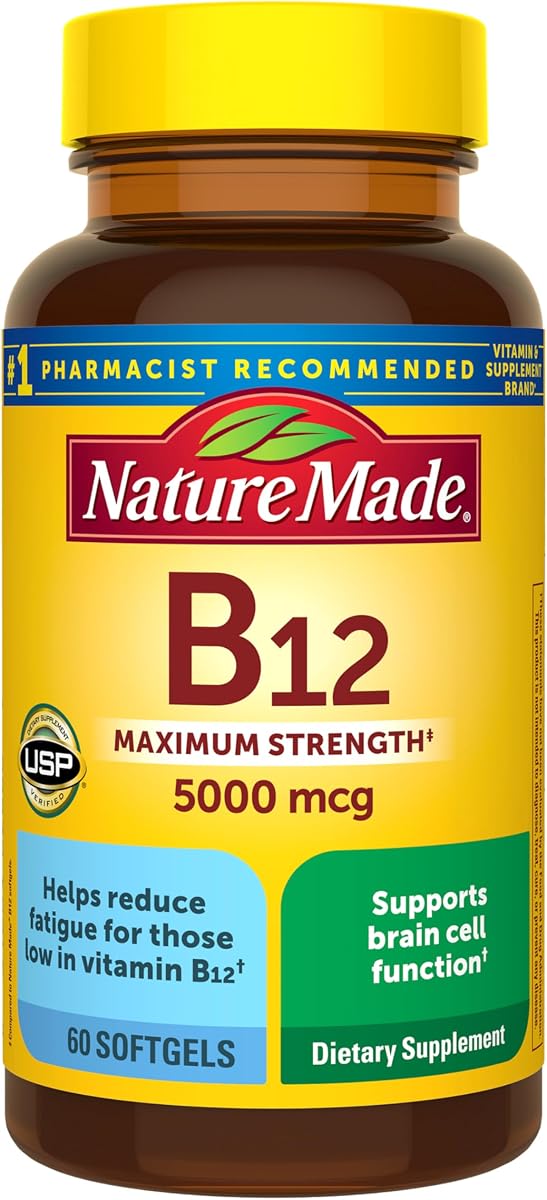 Nature Made Vitamina B12 de máxima resistencia 5000 mcg cápsulas blandas, 60 cápsulas blandas | Suplemento de apoyo al metabolismo energético para hombres y mujeres, ayuda a reducir la fatiga para aquellos con bajo contenido de vitamina B12, suministro para 60 días
