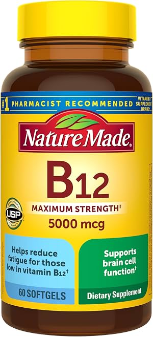 Nature Made Vitamina B12 de Máxima Potencia 5000 mcg Softgels, 60 Softgels | Suplemento de Apoyo al Metabolismo Energético para Hombres y Mujeres, Ayuda a Reducir la Fatiga en Personas con Niveles Bajos de Vitamina B12, Suministro para 60 Días Softgel 60 Count (Pack of 1)