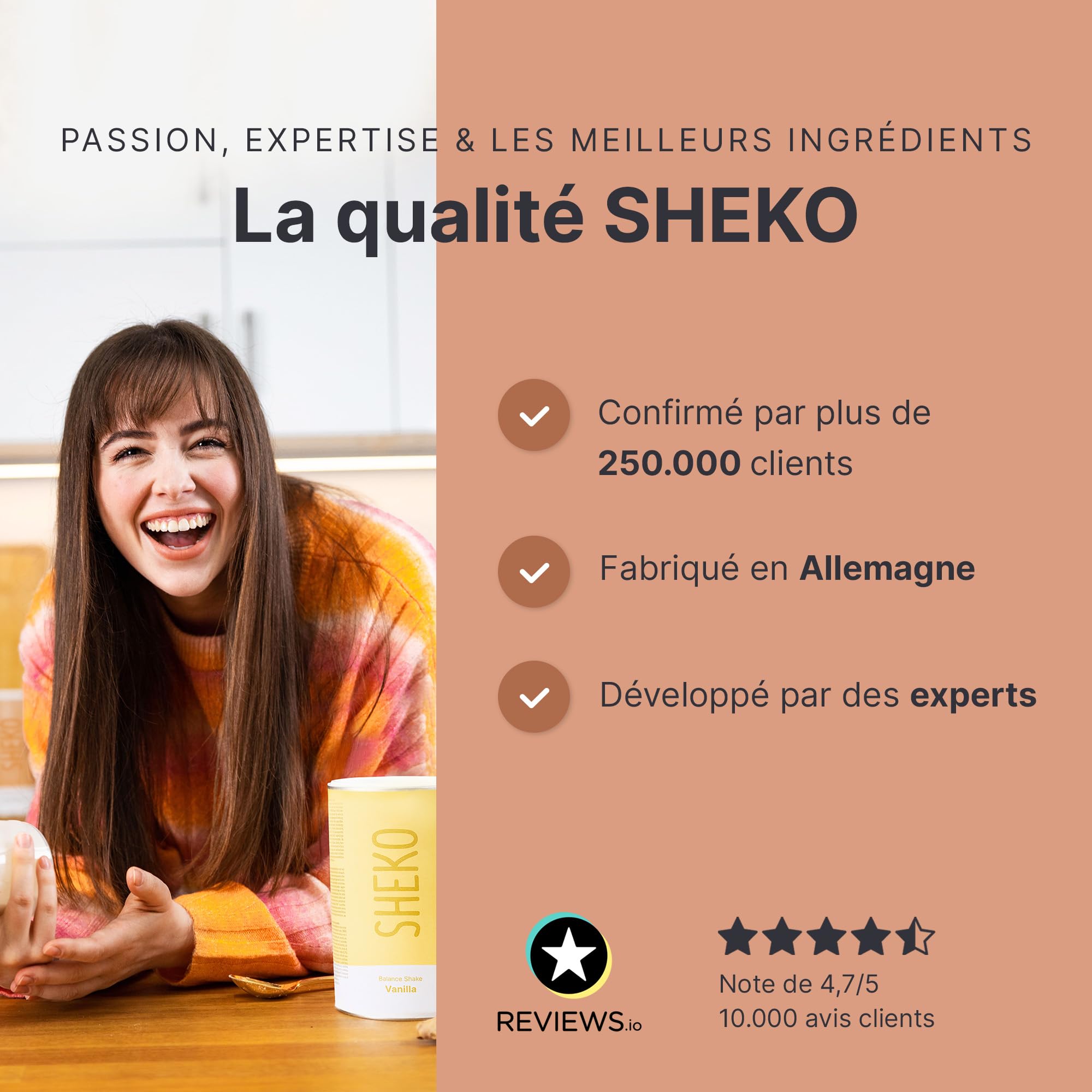 SHEKO - Shake repas à boire - Substitut de repas - Riche en protéines - Goût naturel - Shake minceur (378 g – 1 paquet, Chocolat)