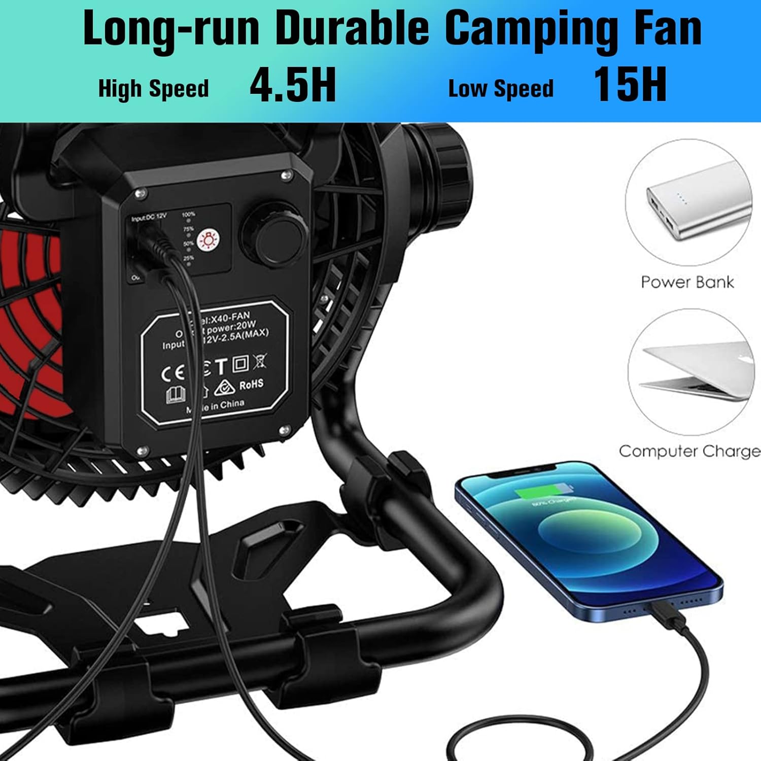 Rechargeable Fan Outdoor Floor Fan, Portable High Velocity Fan with Led Light, USB Type C Port, 3 Speeds, Cordless Industrial Fan with Metal Blade for Garage/Patios/Gym/Camping (12 Inch)