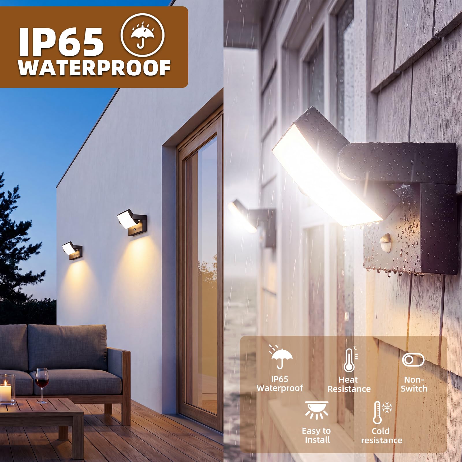 40W Aplique de Pared Exterior con Sensor de Movimiento,4000LM 3000K Blanco Cálido, Negra Aplique Pared Interior Rotación 350°,Impermeable IP65