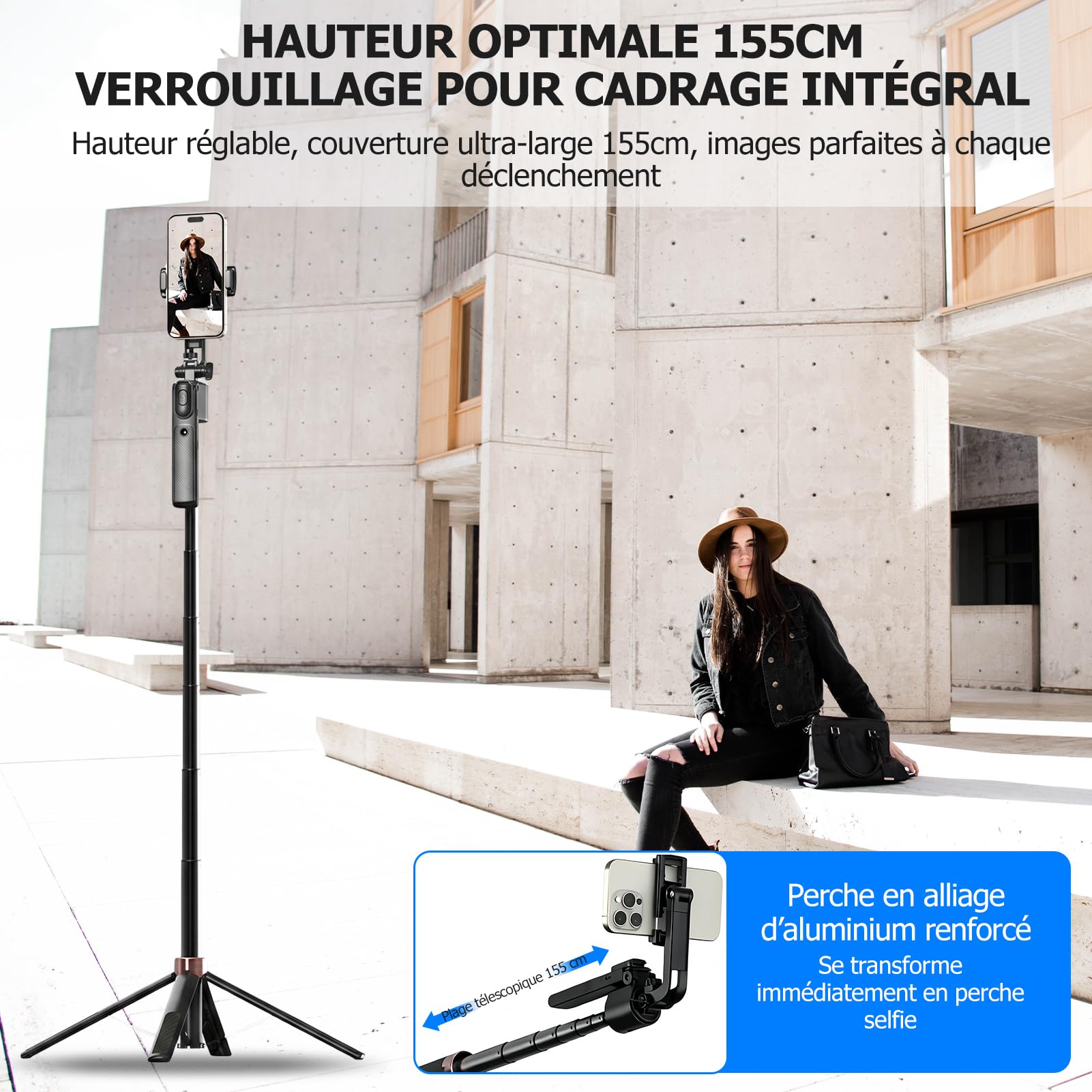 Trépied de téléphone portable pour smartphone - Rotation à 360° - Perche à selfie automatique avec 4 pieds - 160 cm - Avec télécommande - Contrôle par gestes - Pour Vlog Live Stream Travel