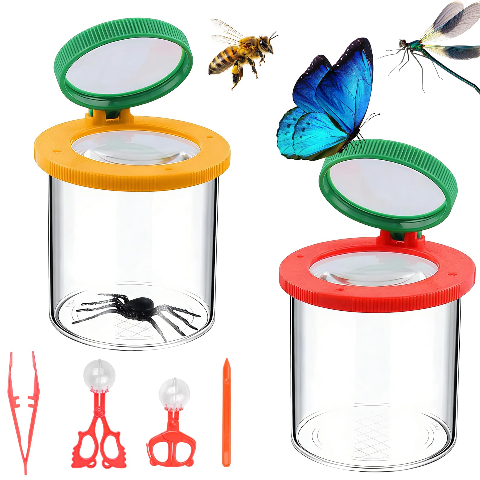 Set di 2 Lente Ingrandimento Bambini, Barattolo con Lente Ingrandimento 3/6 per Insetti + pinzette/bastoncino per esche/clip a sfera/clip a farfalla