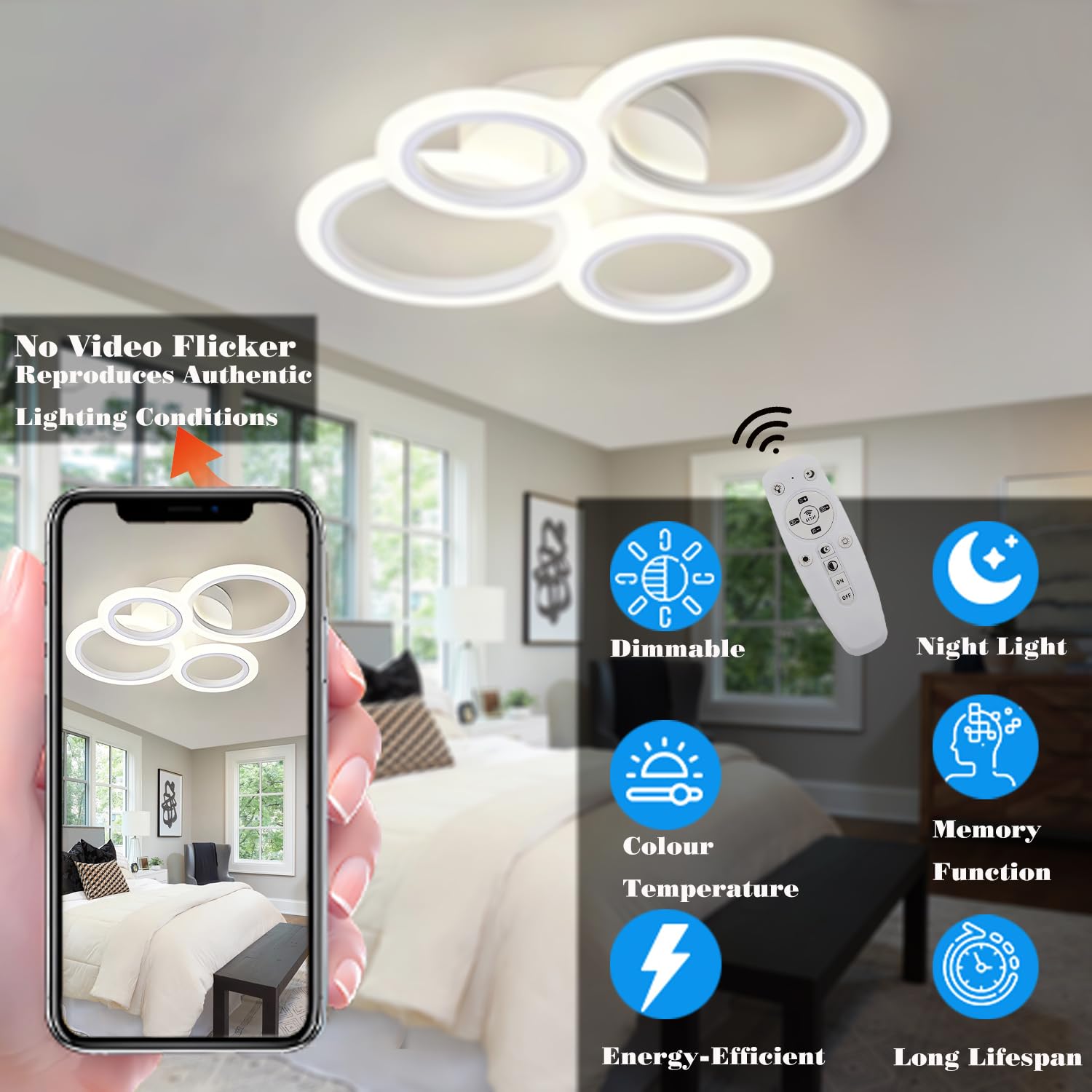 Nowoczesna oprawa sufitowa LED,oprawa sufitowa do domu z funkcją ściemniania,3000-6000 K,z pilotem zdalnego sterowania,oświetlenie sufitowe do salonów czarna energooszczędna lampa (Biały, L58cm)