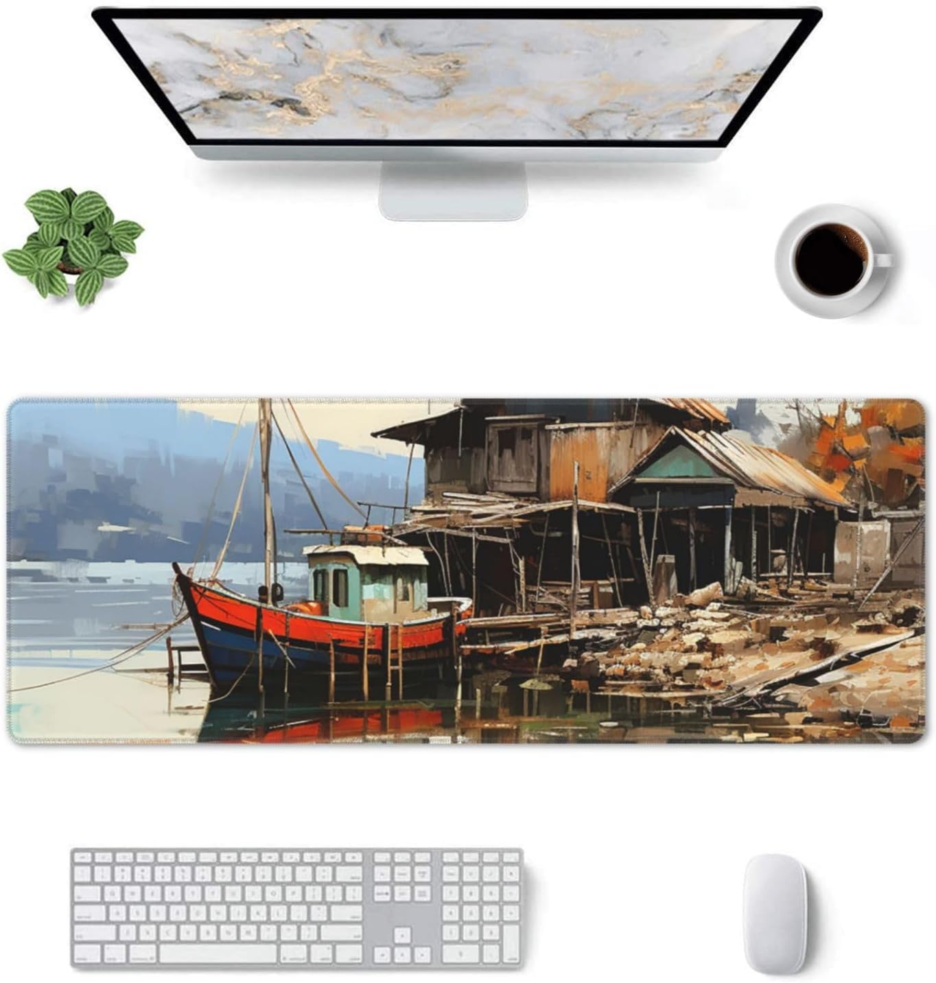 Large Gaming Mousepad with Non-Slip Rubber Base Extended Laptop Desk Pad 31.5x11.8inch Long Computer Keyboard MouseMat Old Fishing Village Mousepad for Home Office Work