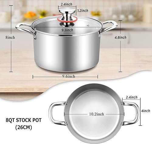 Miniatura 2 de TeamFar Olla de 8 cuartos de galón, olla de cocina de pasta de acero inoxidable de tres capas con tapa de vidrio, para estufas de cerámica de gas