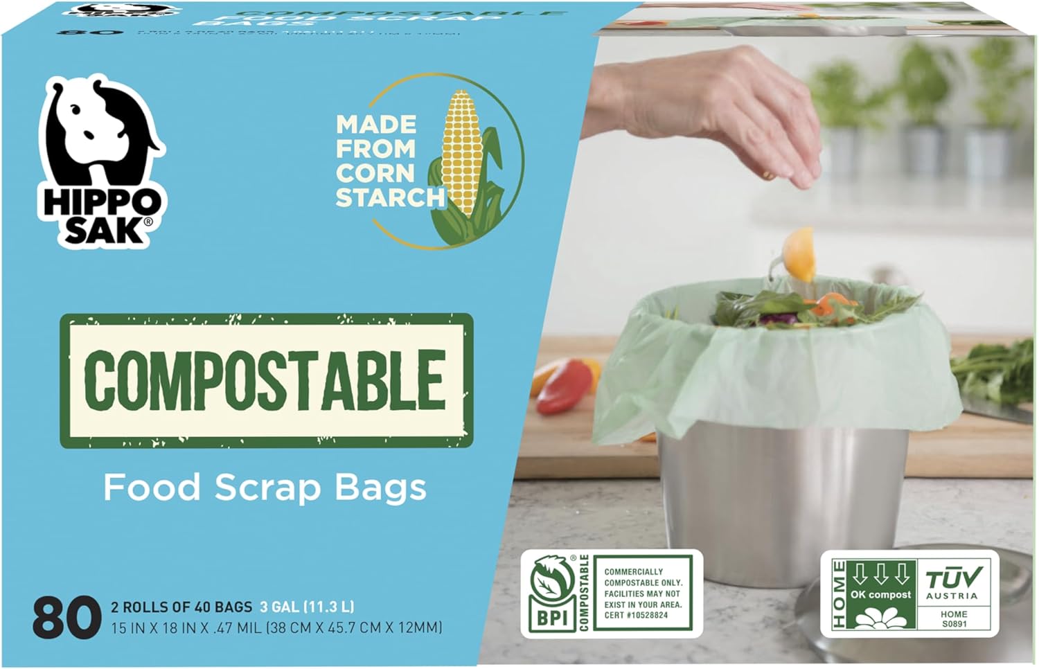 Hippo Sak Compostable Small Food Scrap Bags, 80 Count