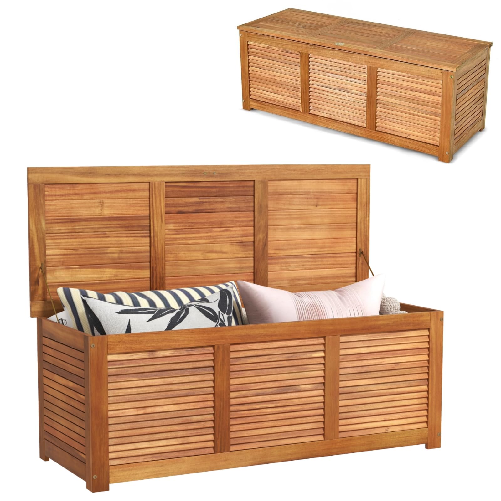 RELAX4LIFE Gartenbox, 178L Auflagenbox mit Sitzbank & Deckel, Aufbewahrungsbox mit Stauraum, Kissenbox outdoor aus Akazienholz, Gartentruhe Auflagentruhe Holztruhe für Garten, Balkon, Terrasse, Natur