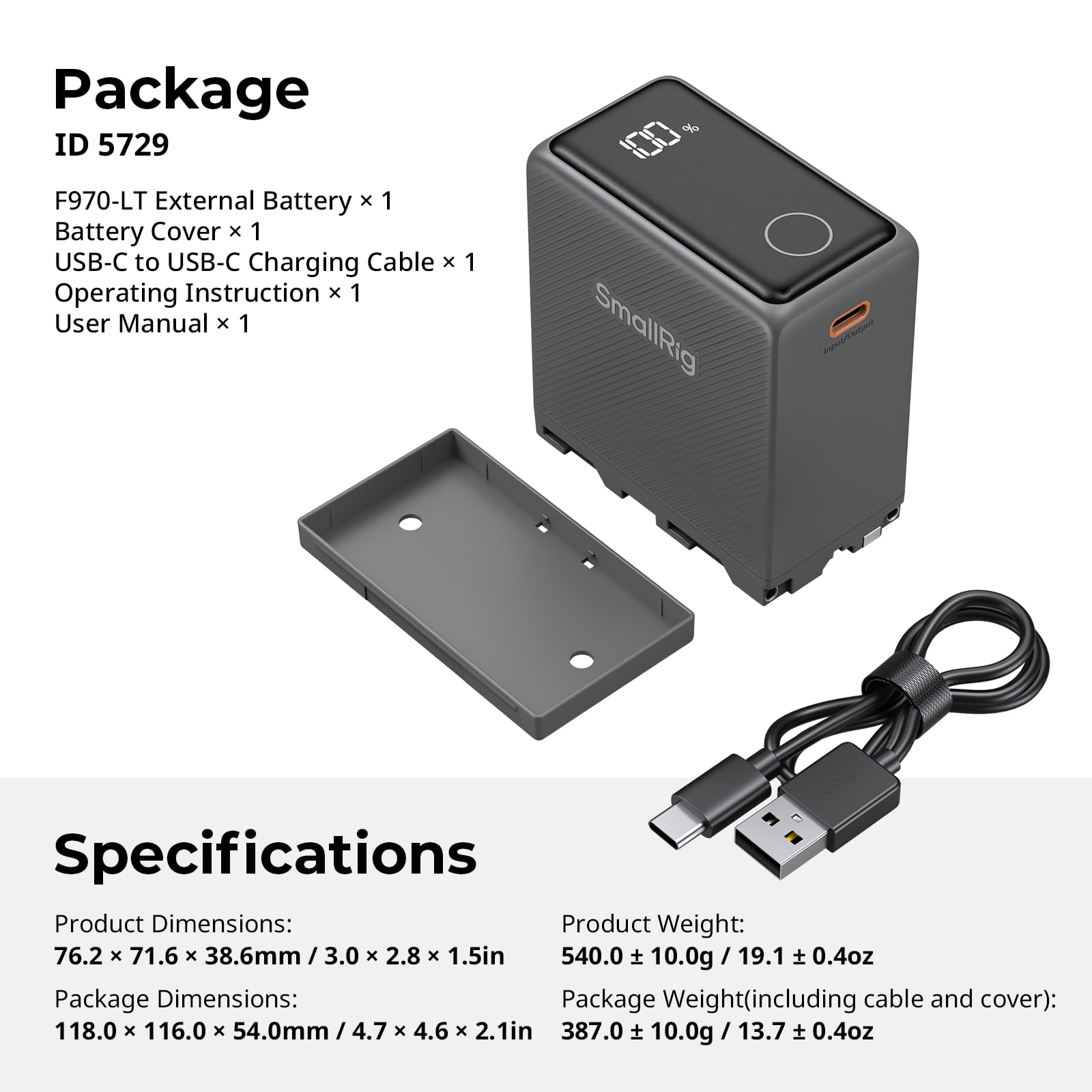 SMALLRIG Batterie NP-F970 pour Sony, 7500mAh, Résistante à -40℃, Charge Rapide Bidirectionnelle PD 36W, Ports Double Sortie USB-C+USB-A, Écran Tactile - 5729