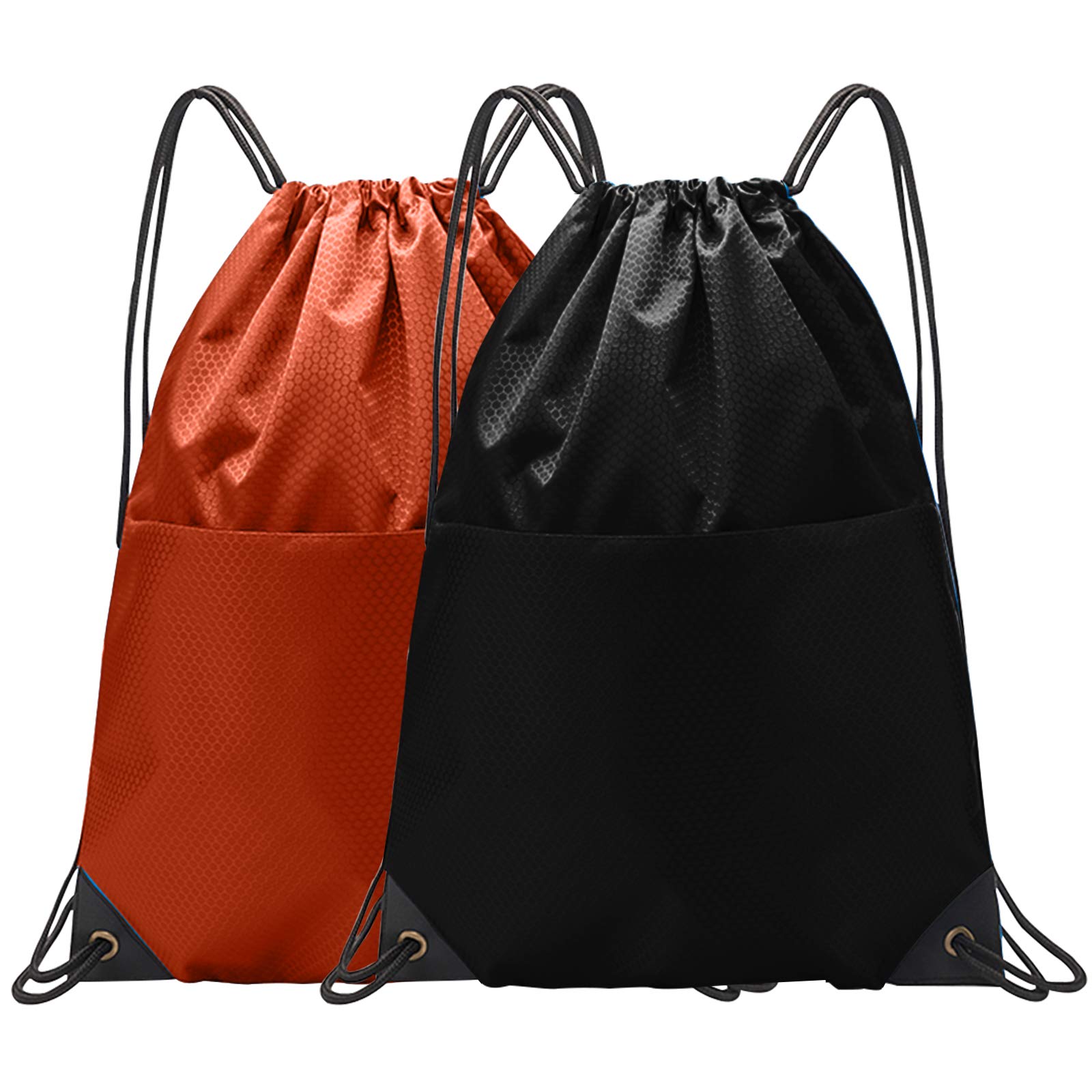 Drawstring Backpack Bulk String Bag Gym Sack Sports Sackpack with Zipper for Men Women (Black&Orange, 2PCS)