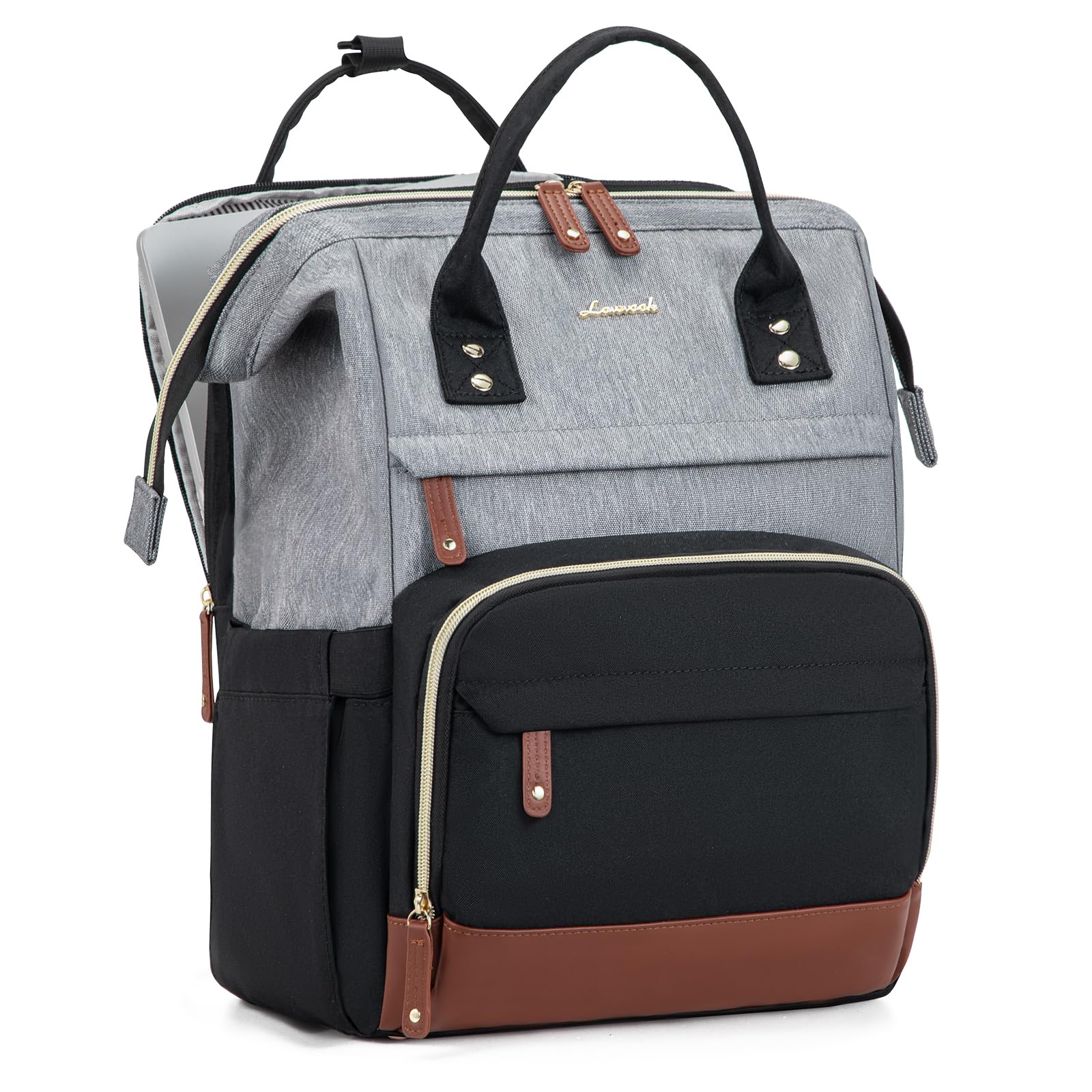 LOVEVOOKLaptop Backpack for Women, 15.6 Inch Work Business Backpacks Purse with USB Port, Large Capacity Nurse Bag College Bookbag for School, Waterproof Casual Daypack for Travel,Black-Grey-Brown