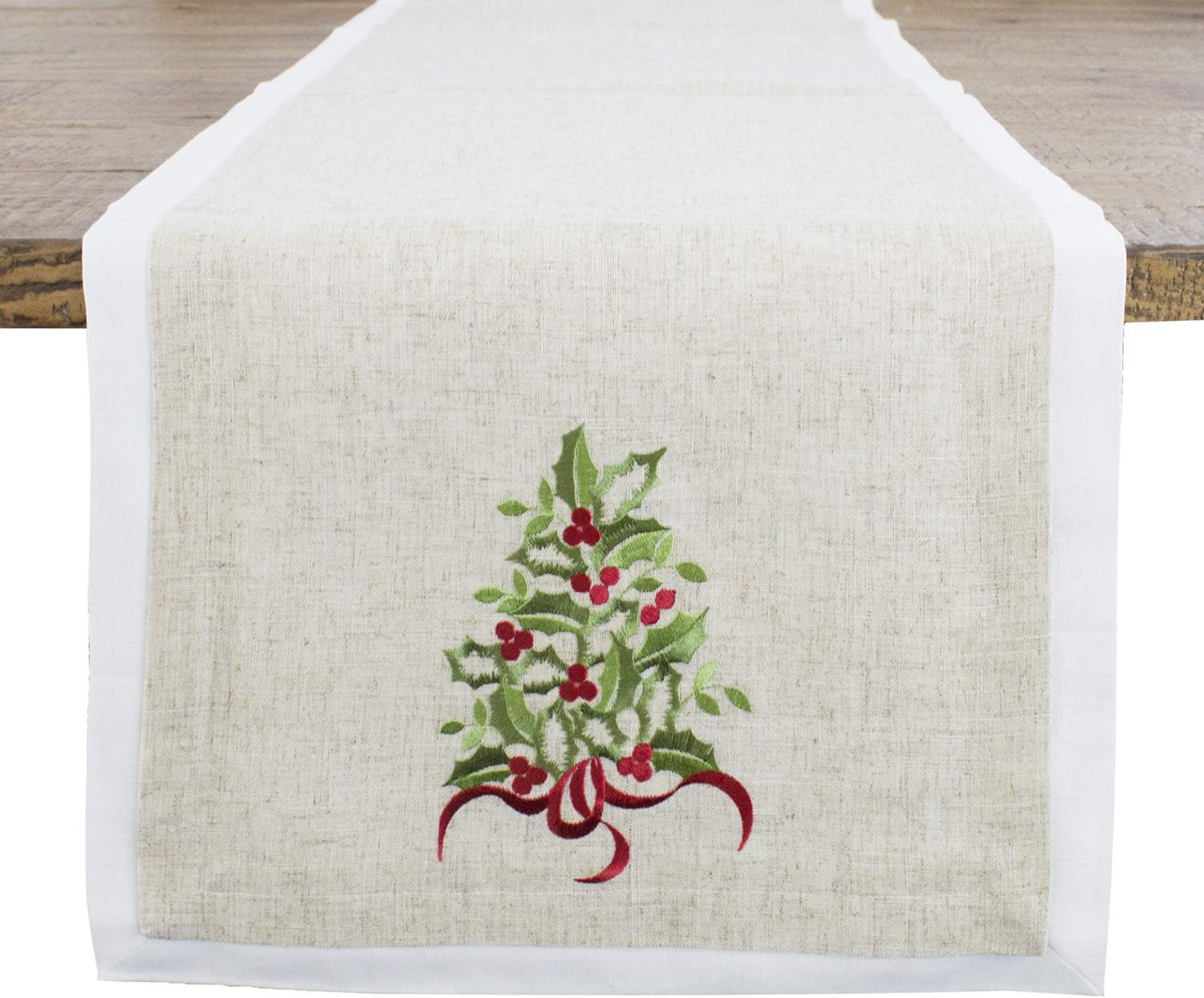 Fennco Styles Christmas Embroidered Holly Design Double-Layer Natural & White Holiday Table Runner 16" W x 96" L