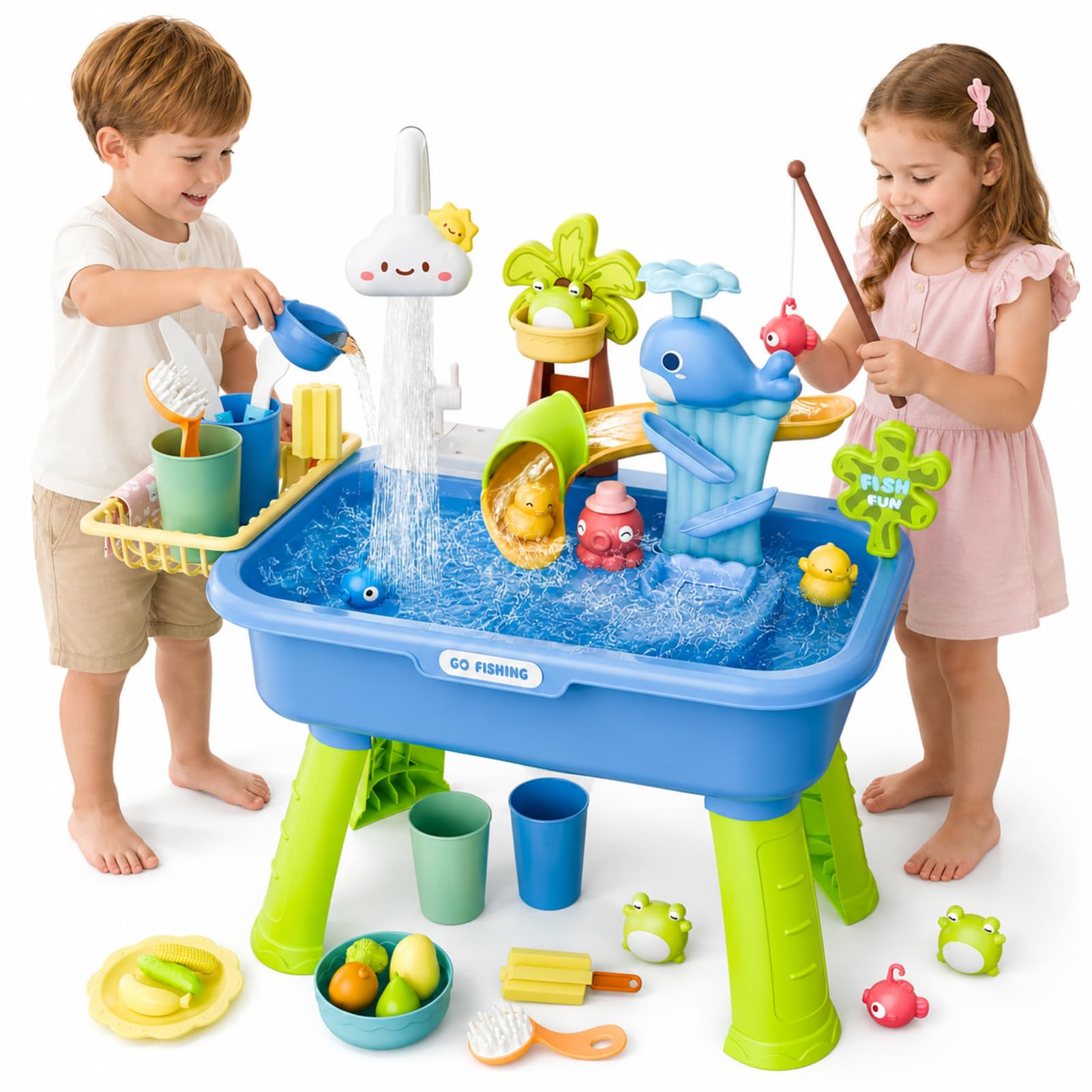 Table d'eau pour | Jeu de pêche,Évier de Jeu 4 en 1 avec Pompe et Eau Courante - Jeu d'été pour 4-8 Ans