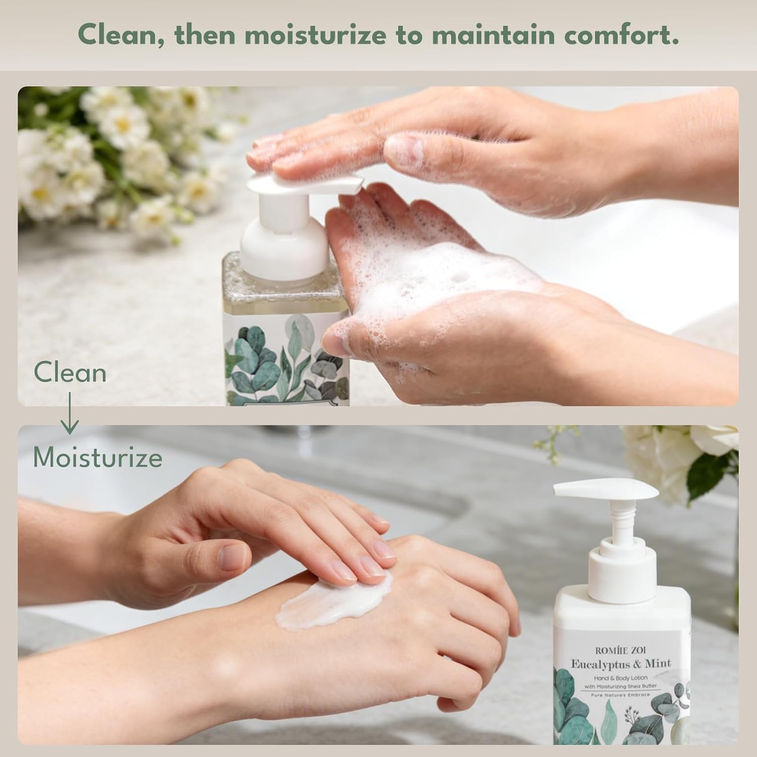 ROMIIE ZOI Eucalyptus Mint Foaming Hand Soap and Lotion - 320ml / 10.8 Fl Oz Each - Soothing Aromatherapy for Hands - Part of Luxury Bath & Body Gift Set