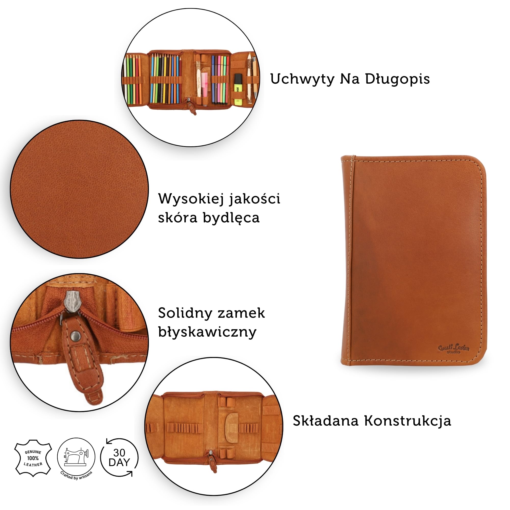Gusti piórnik skórzany - Yannick dla kobiet i mężczyzn skórzane etui na pióra, piórnik, etui na długopisy, brązowy, 24.2 x 15.3 x 5.6 cm, Retro