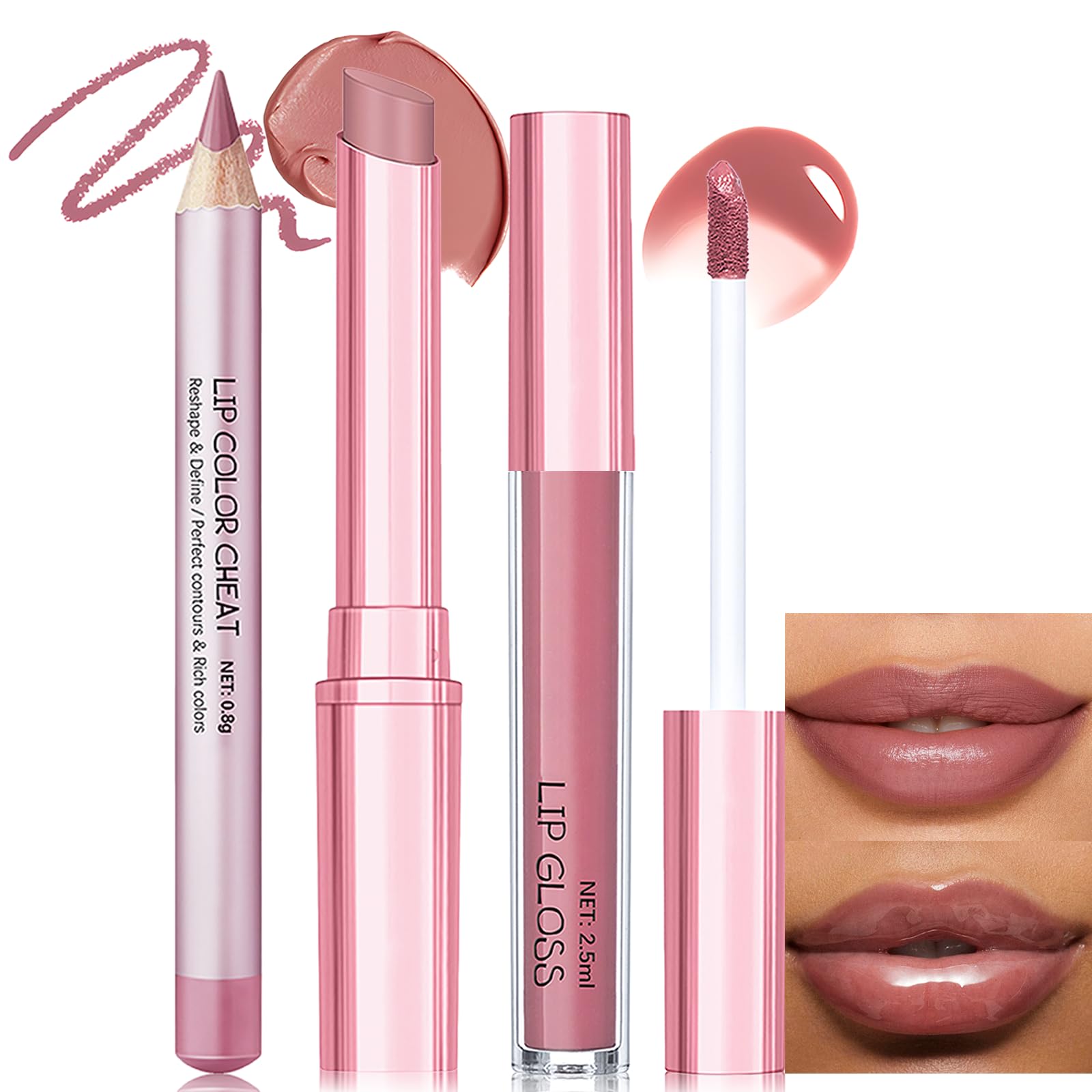 Nude Pink Lip Kit, Matte Lipstick Cream Lip Liner and Gloss Set B- Set 1