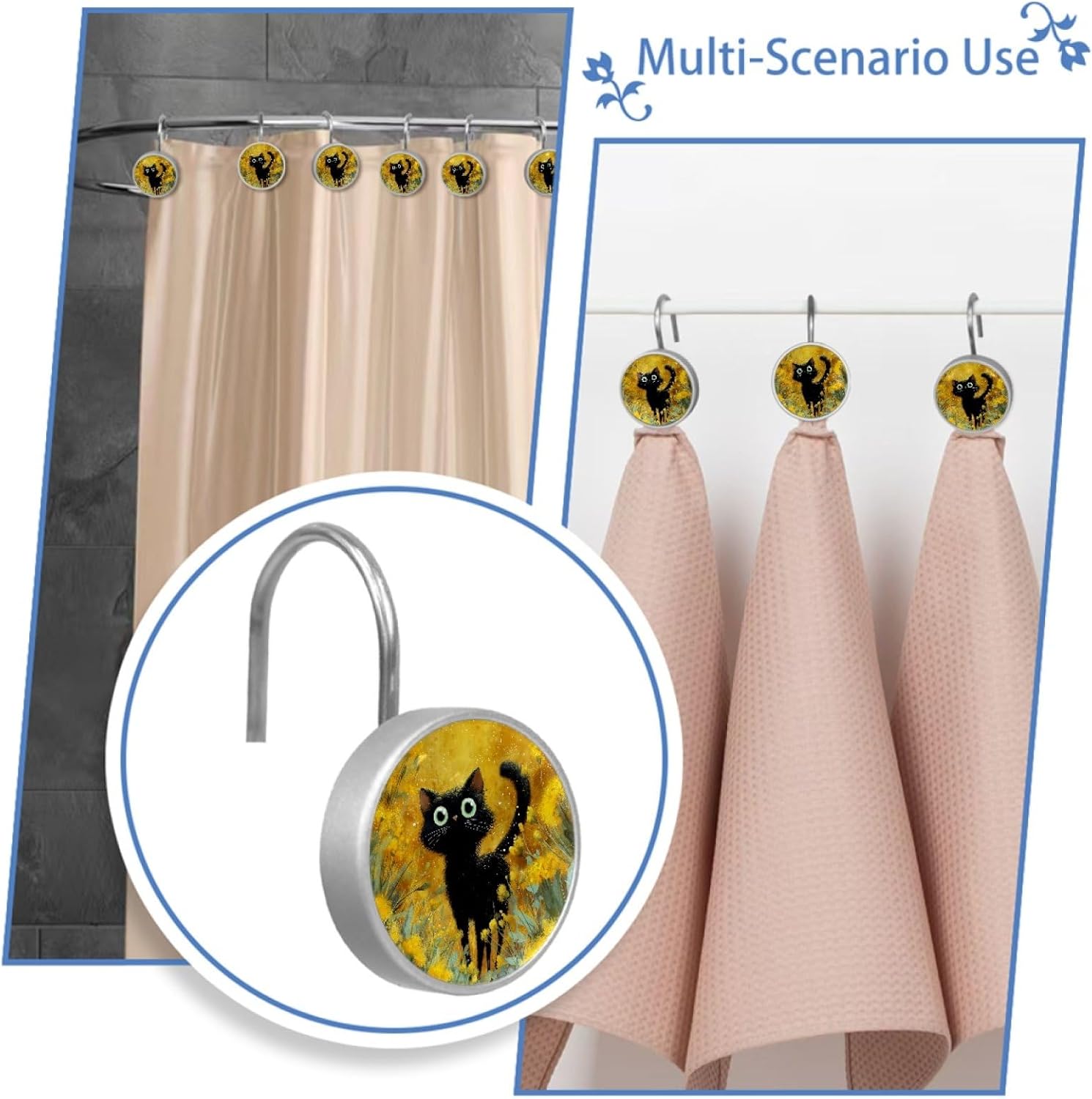 12 Packs Cat in the Florals Shower Curtain Hooks, Stainless Steel Glass Shower Curtain Rings for Bathroom Decor, Metal Rustproof Curtain Rod Hooks