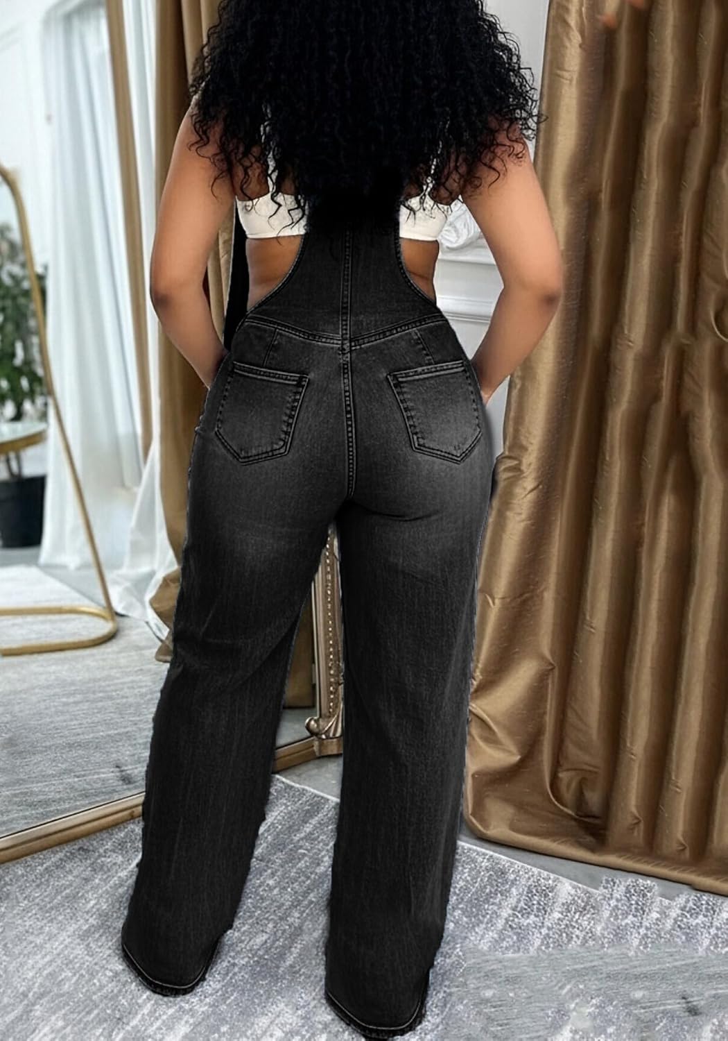 LAJIOJIO Denim Overalls for Women Casual Wide Leg Pants Baggy Jean Vintage Jumpsuit with Pockets - Image 3