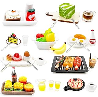 10 Set 50 Pieces Miniature Food Fits Doll Accessories Mini Drink Milk Hamburger Fries Cola Juice Plate Knife Fork Spoon Dessert Cake BBQ Milk Tea Fruit Fast Set Pretend Kitchen Play Toys Dollhouse