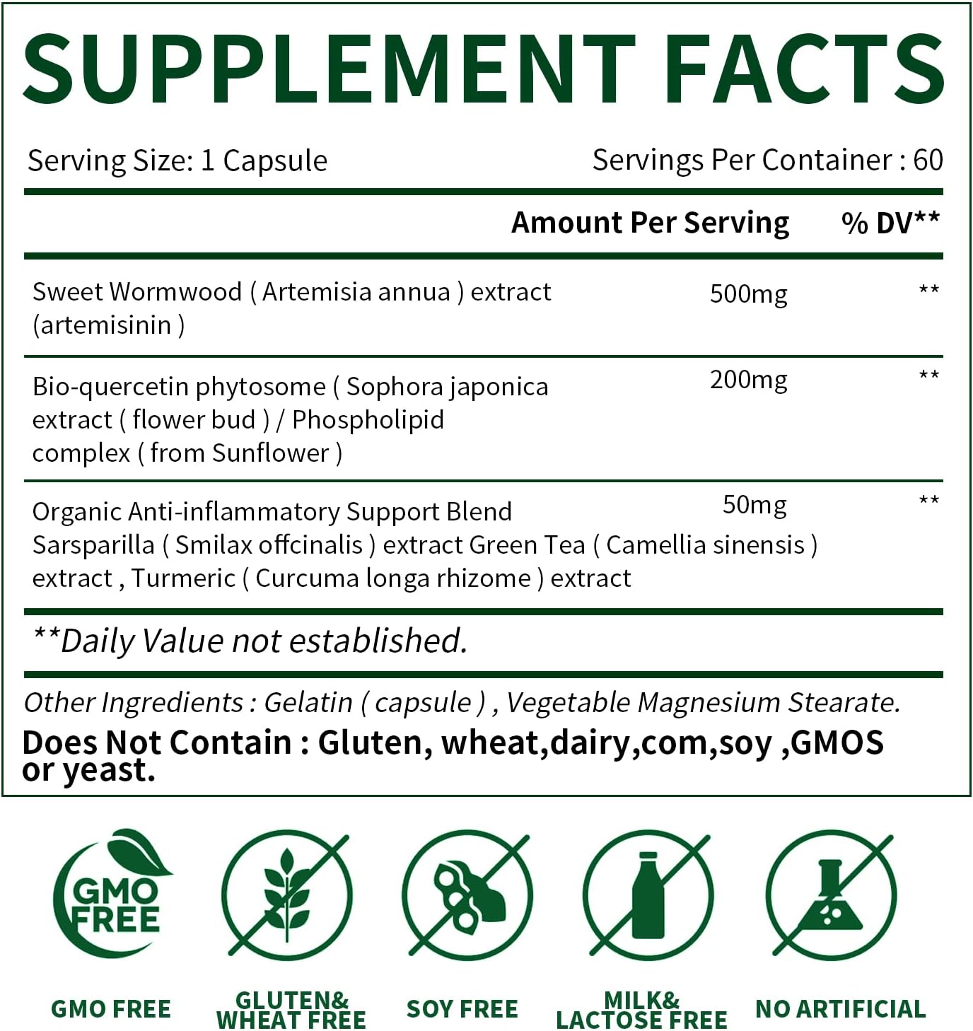 500 mg Artemisinin,Supports Healthy Aging, Digestion, and Immunity - Vegan, Non-GMO - Artemisia Annua Supplement,Bio-Qurecetin phytosome Extract with Quercetin Phytosome 200 mg, 60 capsul - Image 2