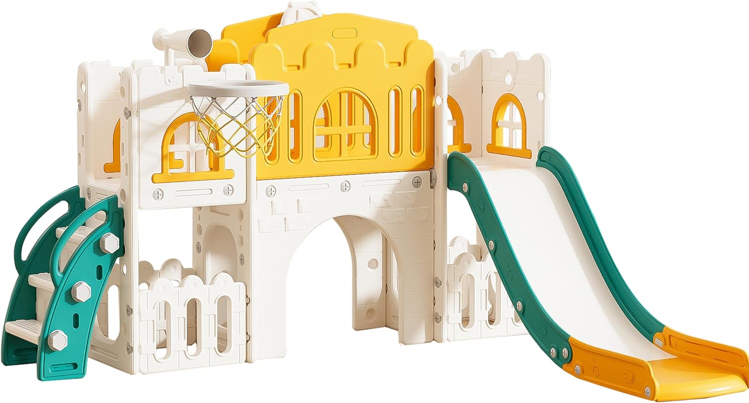 7 in 1 Toddler Slide,Kids Climber Slide with Storage Space and Non-Slip Steps, Toddler Playset with Basketball Hoopa and Telescope, Indoor Outdoor Playground for Toddlers
