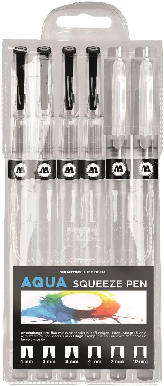 MOLOTOW Aqua Ink Empty Squeeze Pen 6-Pen Set, 1mm, 2mm, 3mm, 4mm, 7mm, 10mm Tips, 1 Set (727.111)
