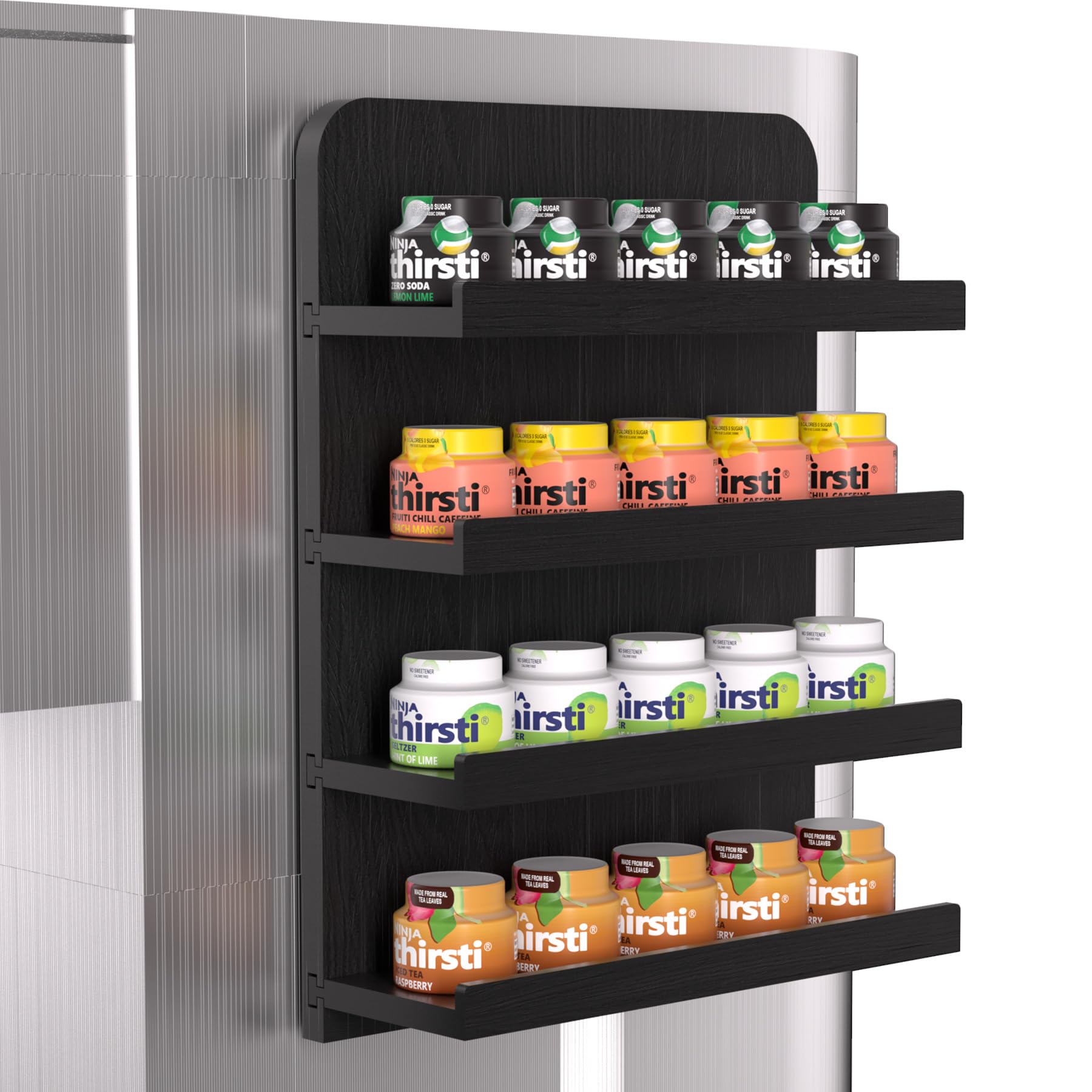 Bamboo Flavor Pods Holder Compatible with Ninja Thirsti - Holds 20 Flavor Water Drops, Side-Mounted 4-Tier Flavor Water Drops Organizer, Self-Adhesive, Wall-Mounted (Black)