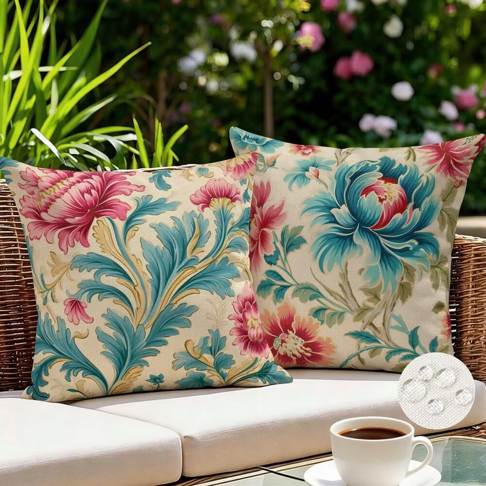 Outdoor Cushions Waterproof Boho Cushion Covers 35cm x 35cm Set of 2 Flower Garden Cushions Retro Cushion Cover Decorative Pillows Linen Throw Pillow Case for Couch Sofa Garden Furniture (IU221)