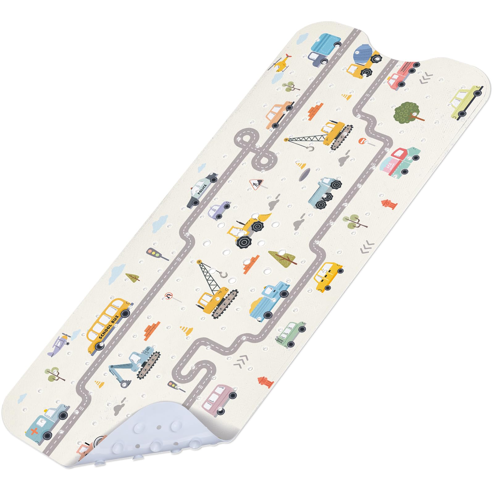 SHUCHING Soft Bath Tub Mat Non Slip for Kids, Toddlers & Teens, Bathroom Shower Mat Anti Mold Machine Washable Quick Dry, Cars & Vehicles Off-white, 100 X 40 cm Extra Long