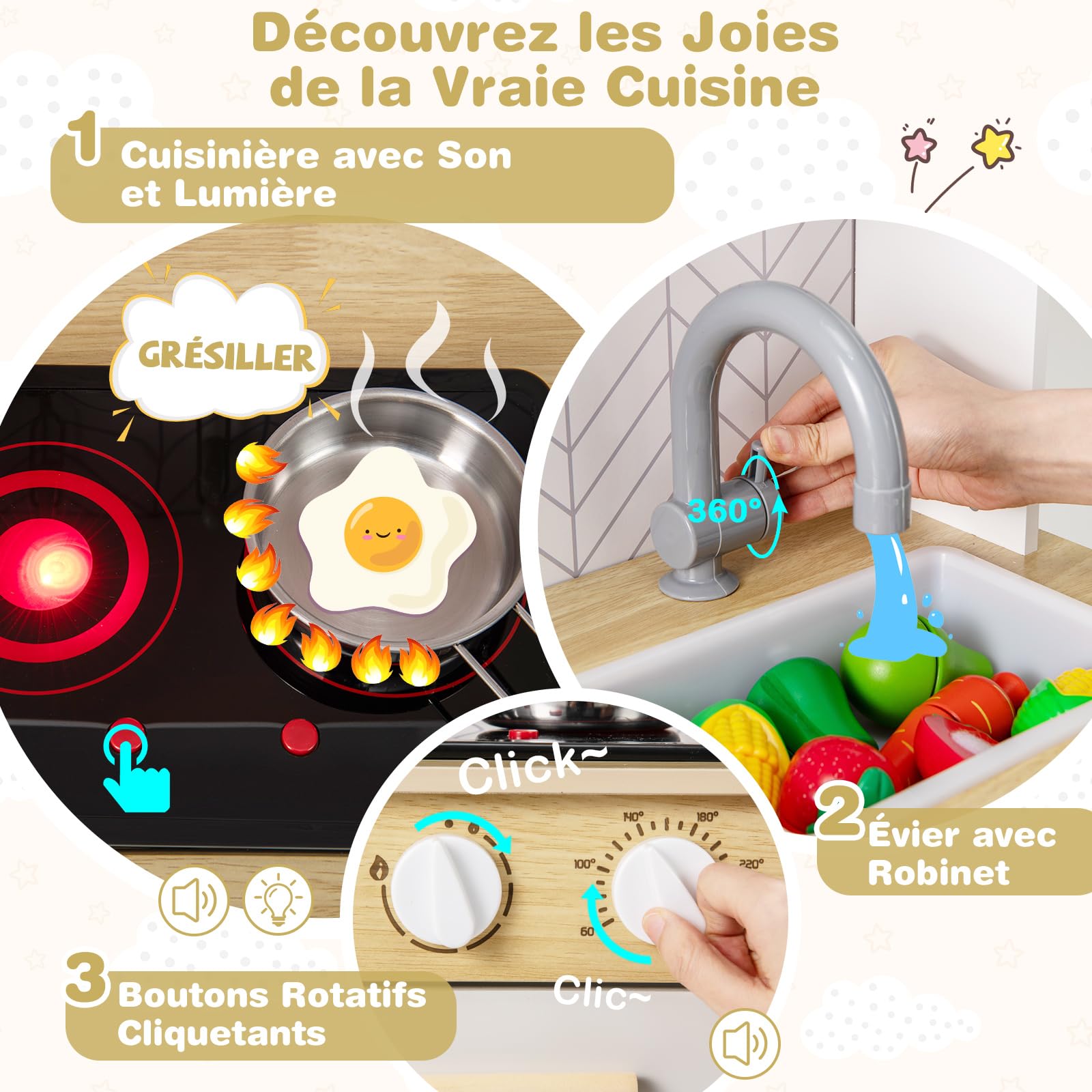 GOPLUS Cuisine Enfant avec Effect Sonore et Lumière, Jouet de Cuisine en Bois Enfant avec Cuisinière, Four, Evier, Robinet, Micro-Ondes, Ustensiles de Cuisine, Idéal pour 3+ Ans (Blanc)