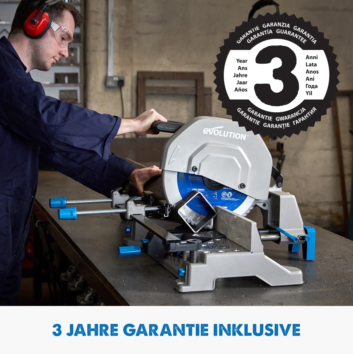 Evolution Gehrungssäge / Kappsäge S355MCS | 2,200 W Zug-Kapp-Gehrungssäge | Inkl. Ø 355 mm HM-Sägeblatt zum Schneiden von Baustahl | +/- 46˚ Gehrung, 3 Spannvorrichtungen, Metallsäge Elektrisch Säge