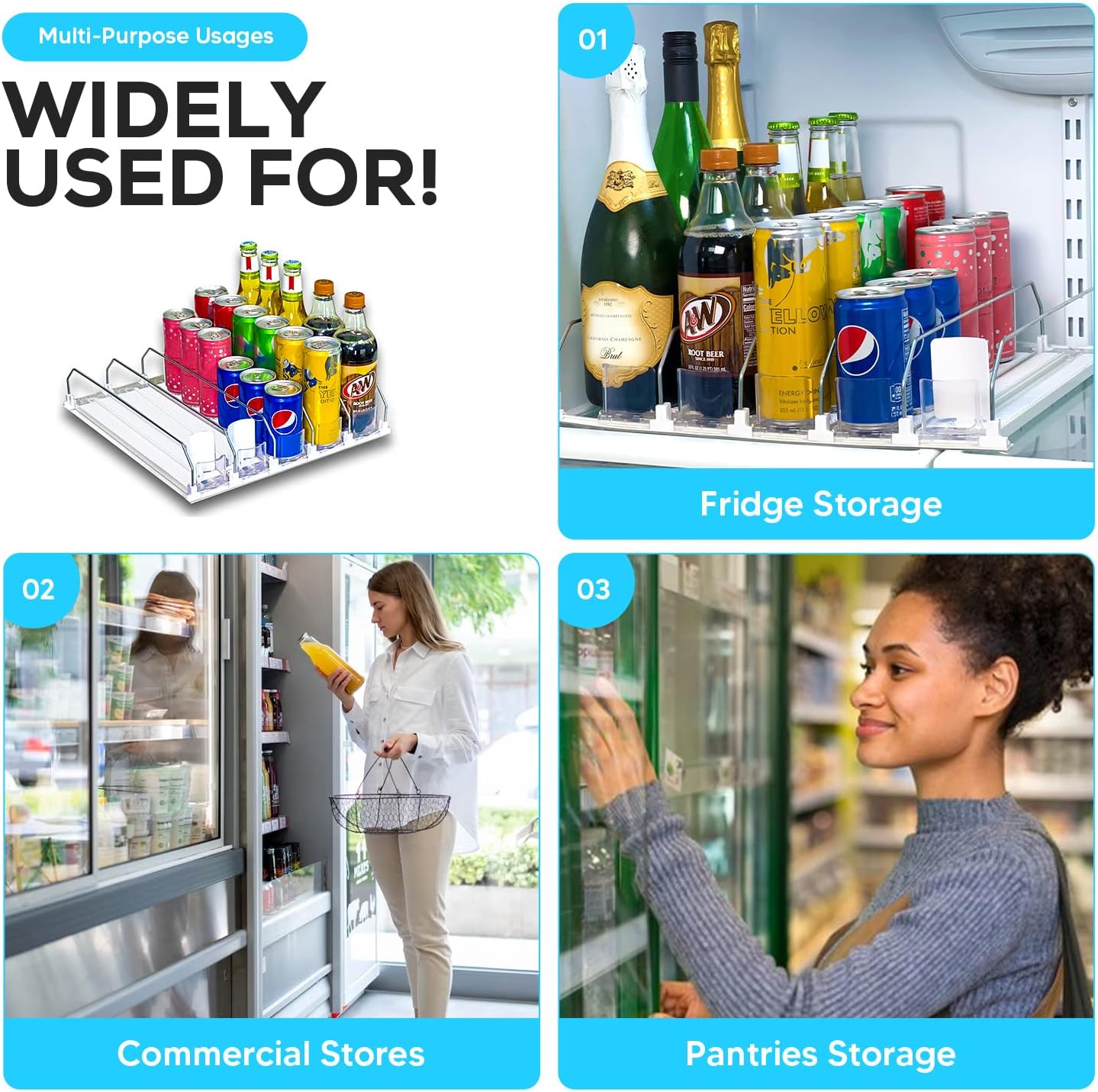 Fully Assembled Drink Beverage Fridge Organizer, Automatic Self-Pusher Glide, Adjustable Width, Soda Can Water Beer Bottle Beverage, 12oz to 20oz, Home Kitchen, Commercial Refrigerator (White)