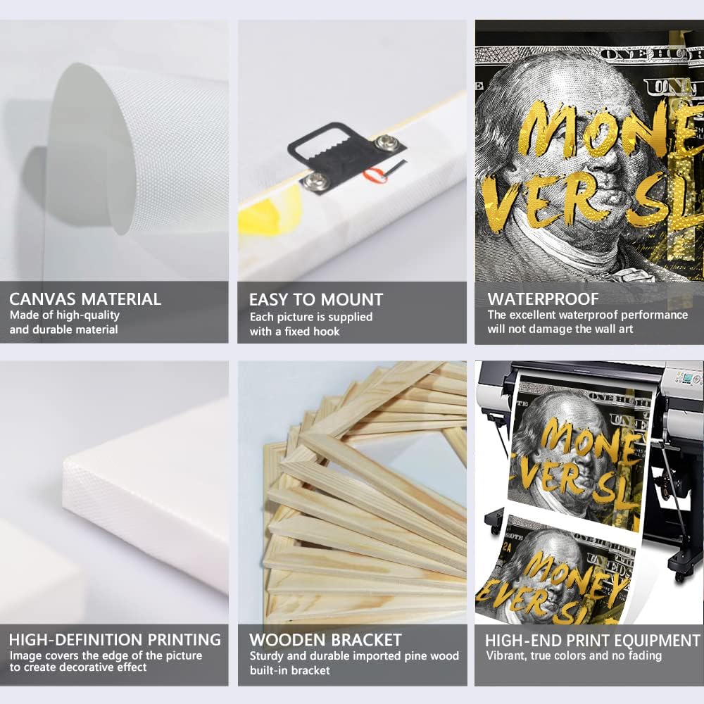 MAMAGO 3 Pieces Black Gold Dollar Canvas Wall Art Inspirational Quotes MONEY NEVER SLEEPS Poster Abstract Money Artwork Modern Living Room Office Wall Decor Framed Easy to Hang-12”x16”x3pcs - Image 6