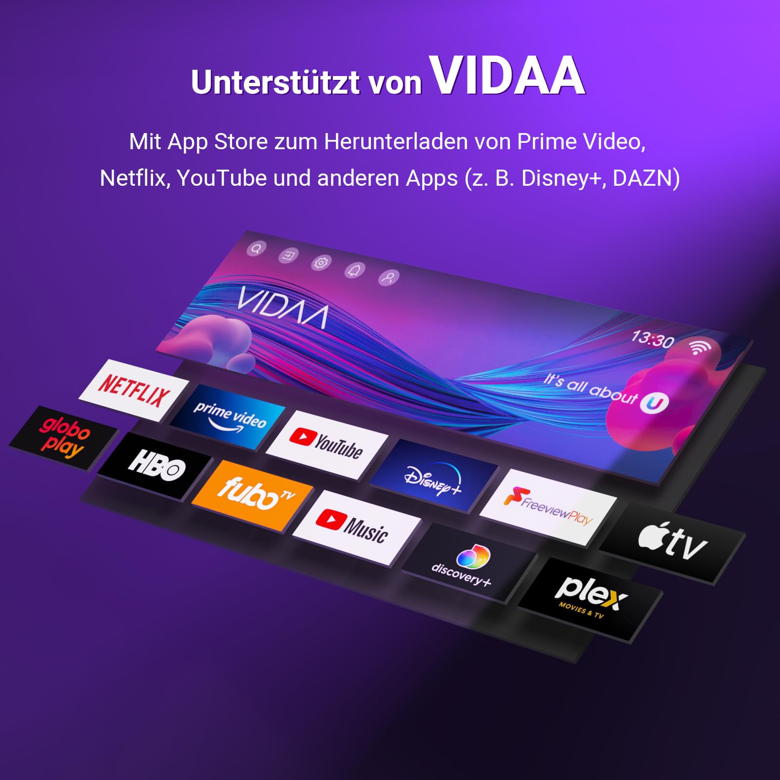 TuTu TUV32FN1B Fernseher 32 Zoll (80 cm), Full HD Smart TV mit Bluetooth, WLAN, Triple Tuner (DVB-T/T2, DVB-C, DVB-S/S2), App Store, AirPlay, HDMI, USB, Mittelfuss