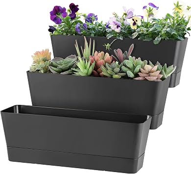 Window Box Planter with Tray, 12" Rectangle Plant Pot, Pack of 3 Black