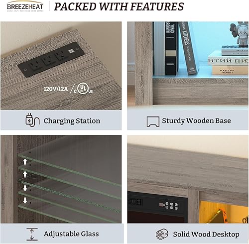 Miniatura 77 de BREEZEHEAT Soporte de TV eléctrico con chimenea de 36 pulgadas de hasta 80 pulgadas, centro de entretenimiento LED con puertas de alto brillo,