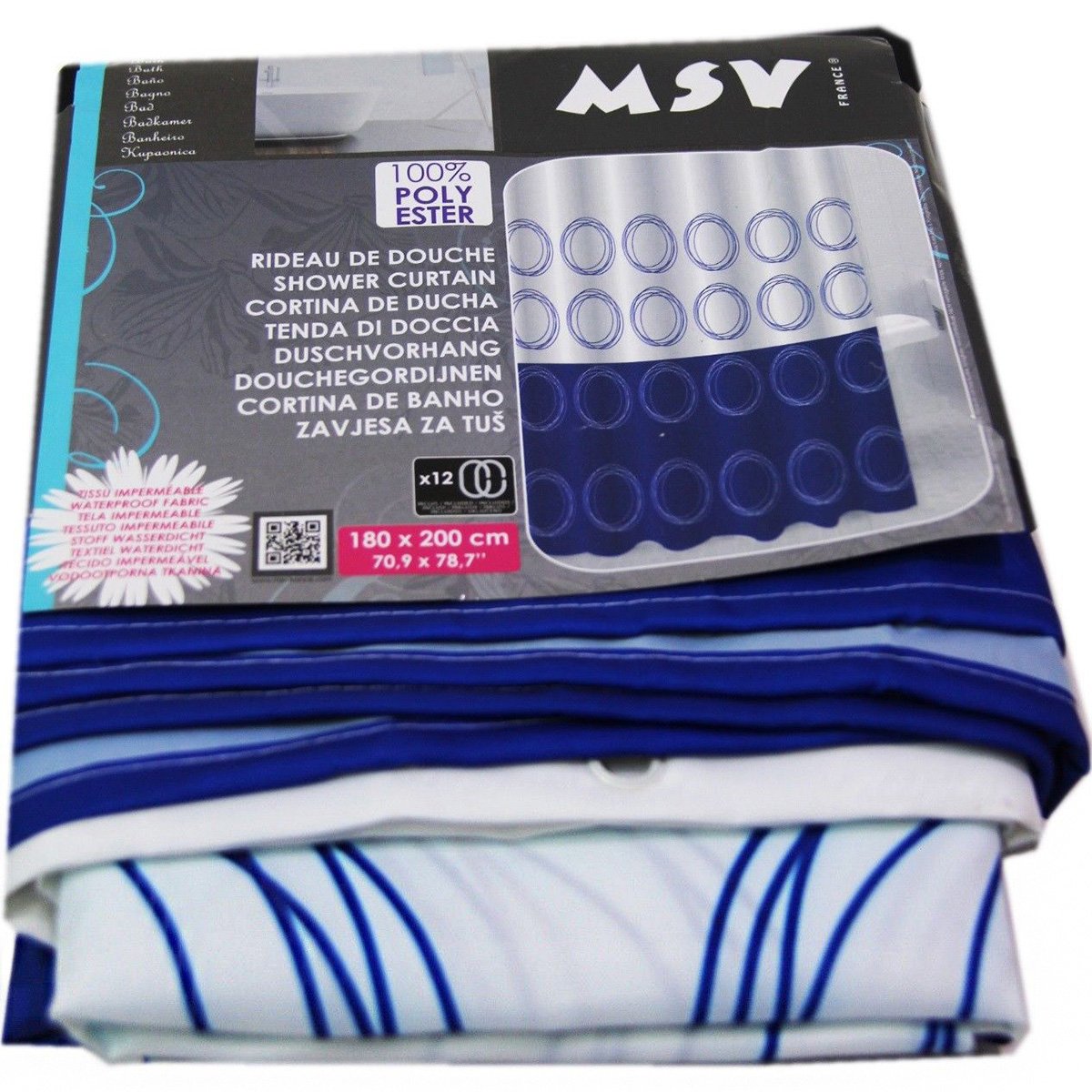MSV Shower Curtain, Blue/White, 180 x 200 cm, W 70.9" x L 78.7" (1 Panels)