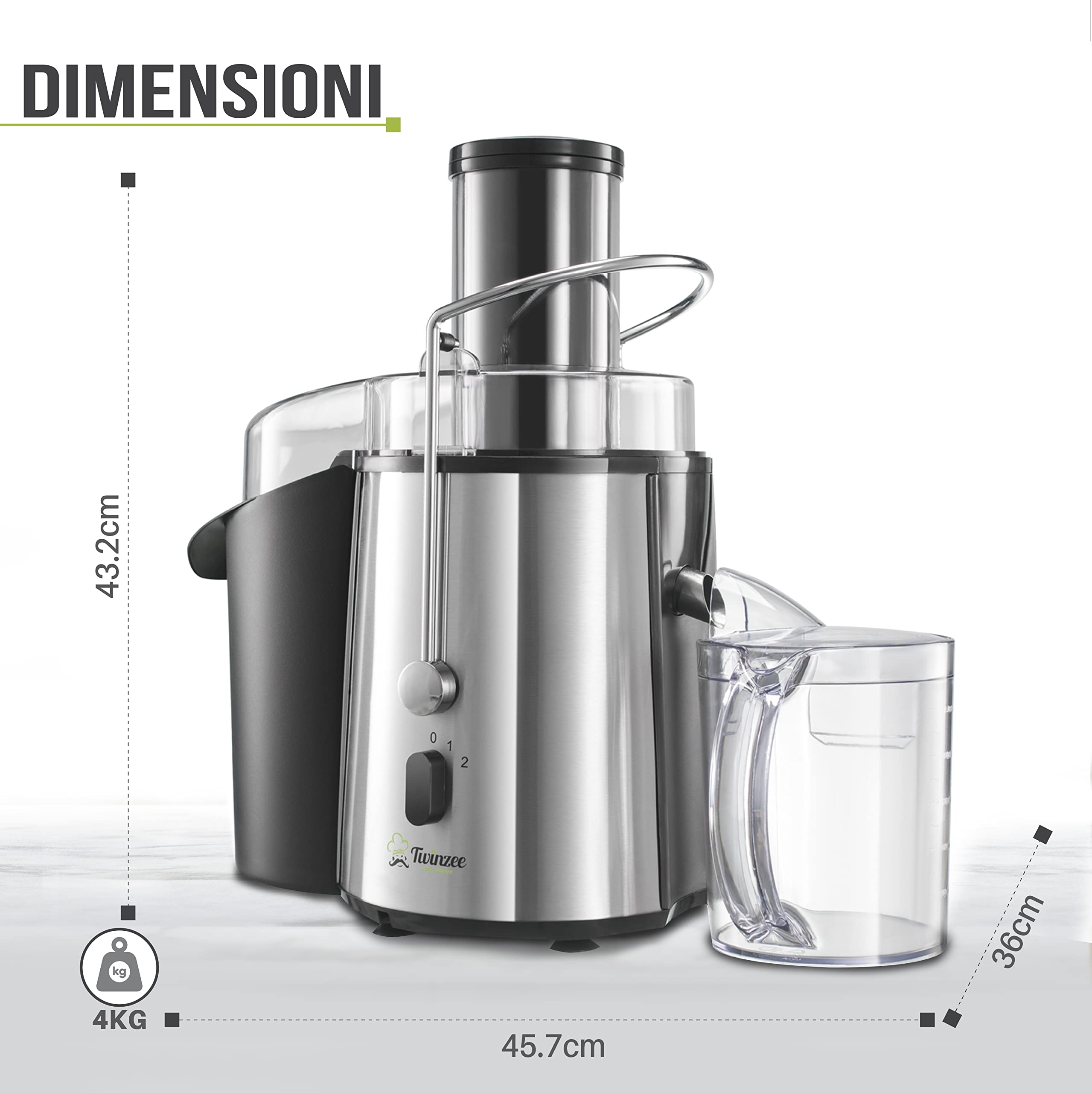 Twinzee Centrifuga Frutta e Verdura Professionale - Centrifugatore Estrattore, Grande Potenza 850W e 2 velocità - Centrifughe Estratti e Succhi Rigeneranti Apertura Larga 75mm, Base Anti-Scivolo