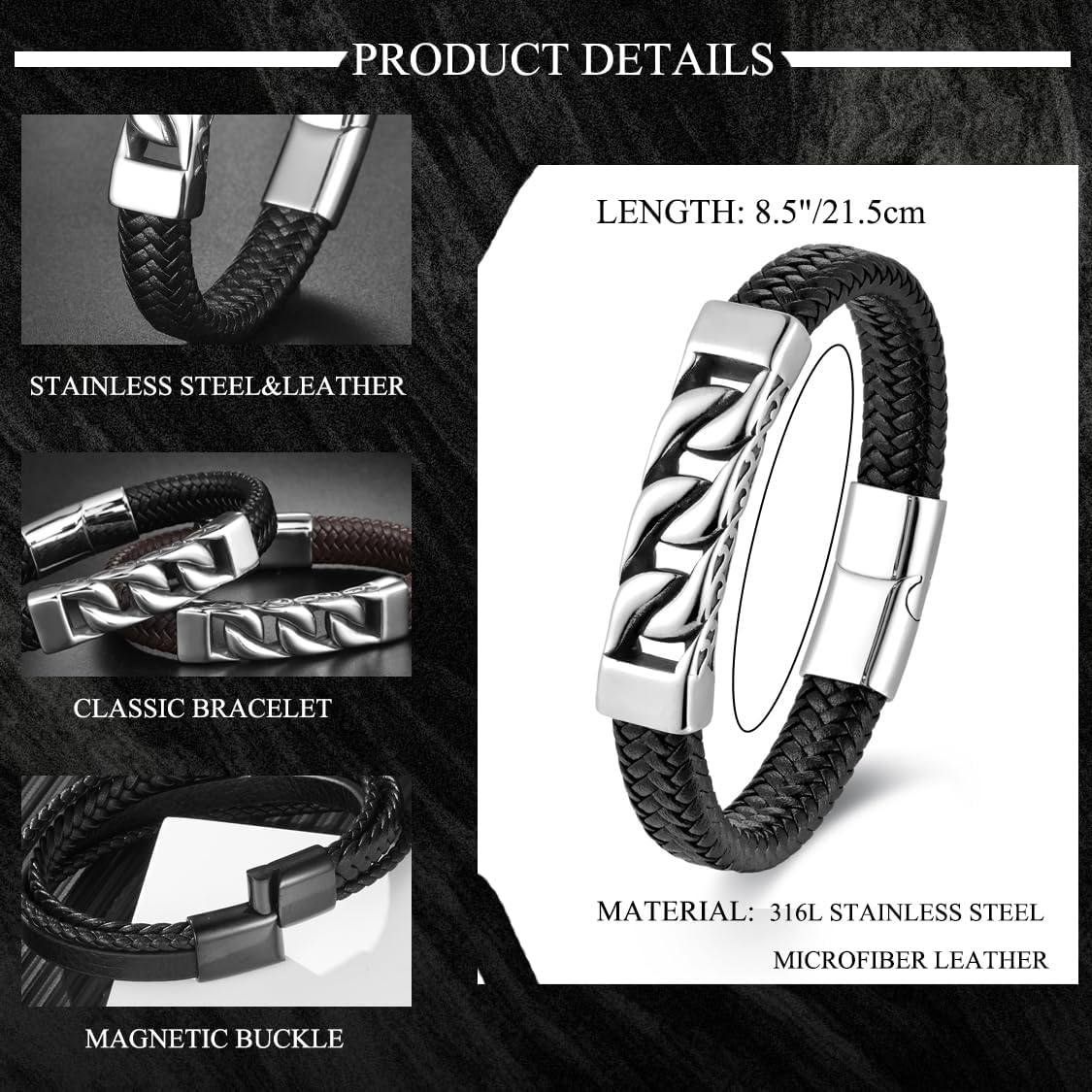 Mens Leather Bracelet Braided Wristband Bangle Cuffs Stainless Steel Jewelry Gifts for Him
