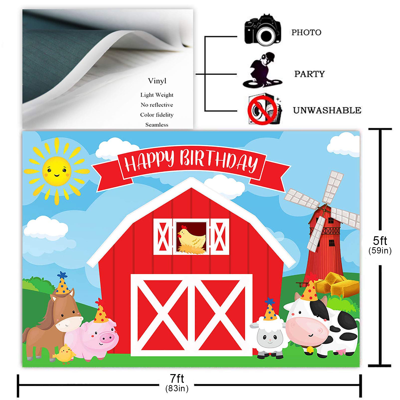 Avezano Farm Backdrop for Kids Birthday Party Decorations Red Barn Farm Animal Photography Background Cartoon Farm Animals Happy Birthday Party Banner Photoshoot Backdrops (7x5ft)