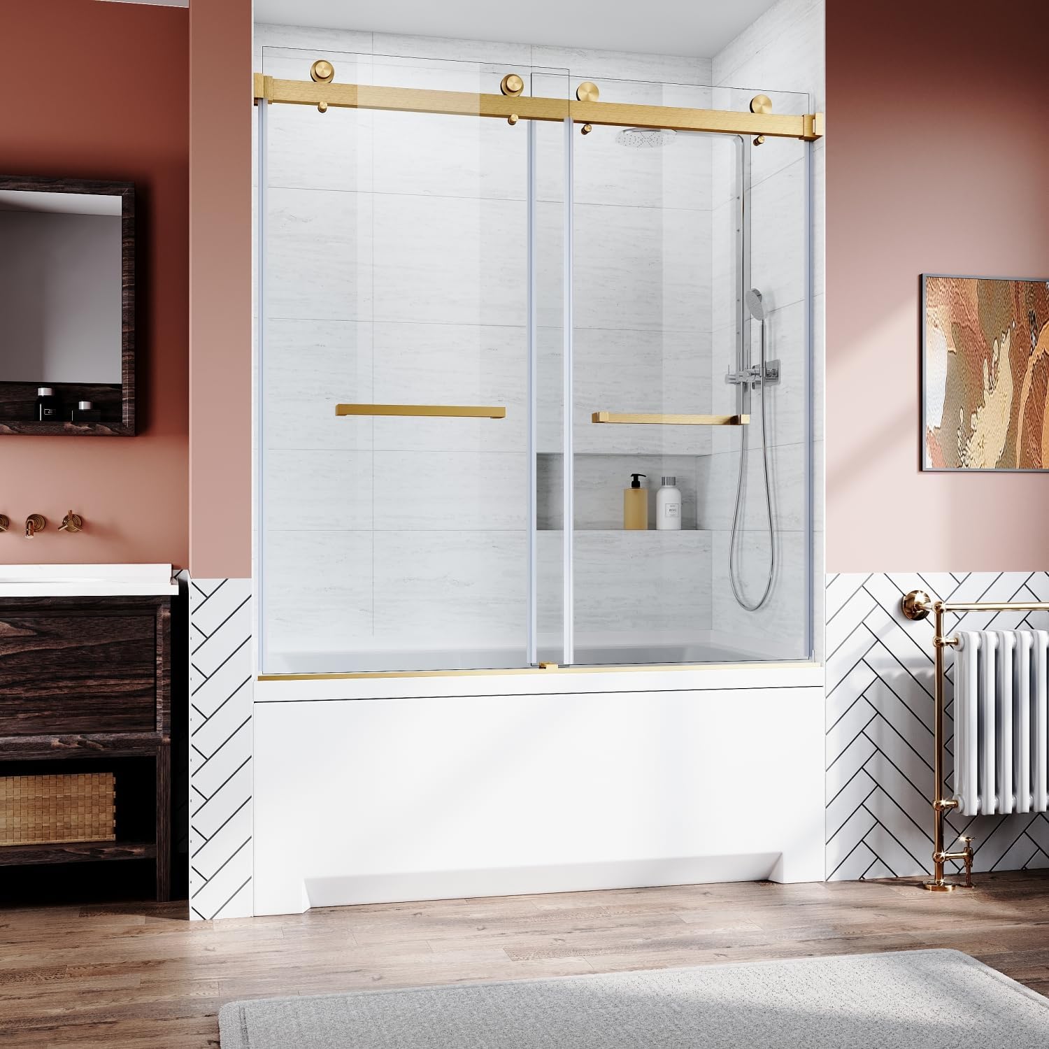 Geelife Frameless Sliding Bathtub Door - Brushed Gold - Bypass Tub Glass Sliding Shower Doors - - Outdoor-Ready