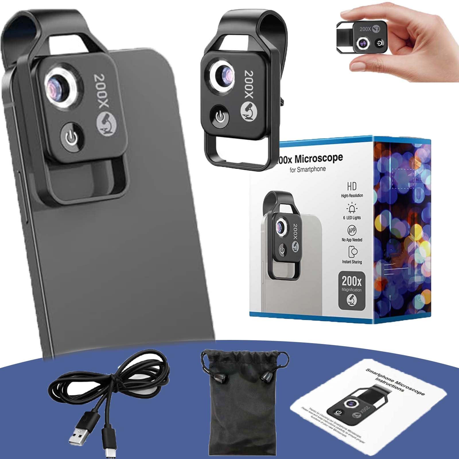 Nano Zoom 200x Pour IPhone - Objectif Microscope Portable Avec LED - Clip Universel Noir