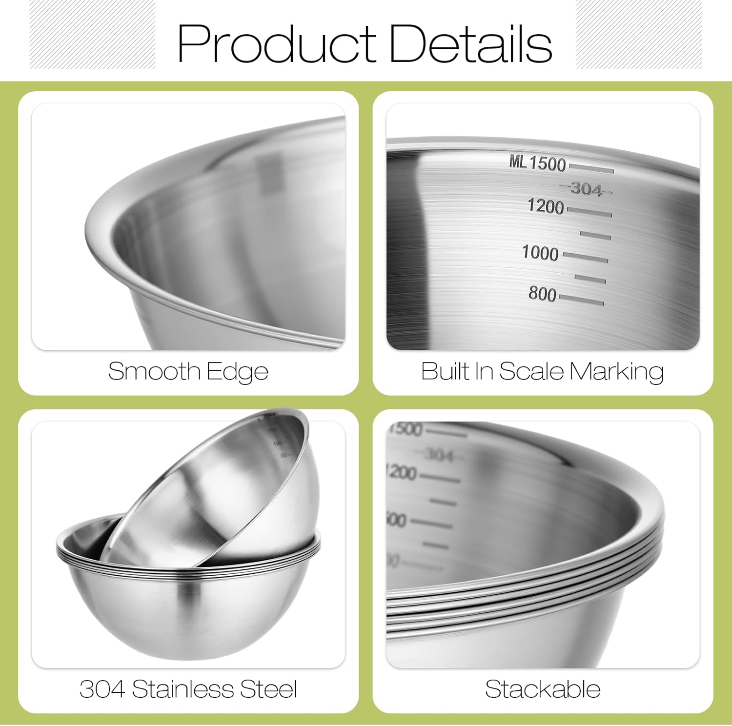 Honeydak 12 Pcs 304 Stainless Steel Mixing Bowls with Graduations, Salad Bowls Metal Serving Reusable Baking Food Storage Containers for Baking, Cooking, Salads, Soups, Ice Cream, Noodles (40 oz)