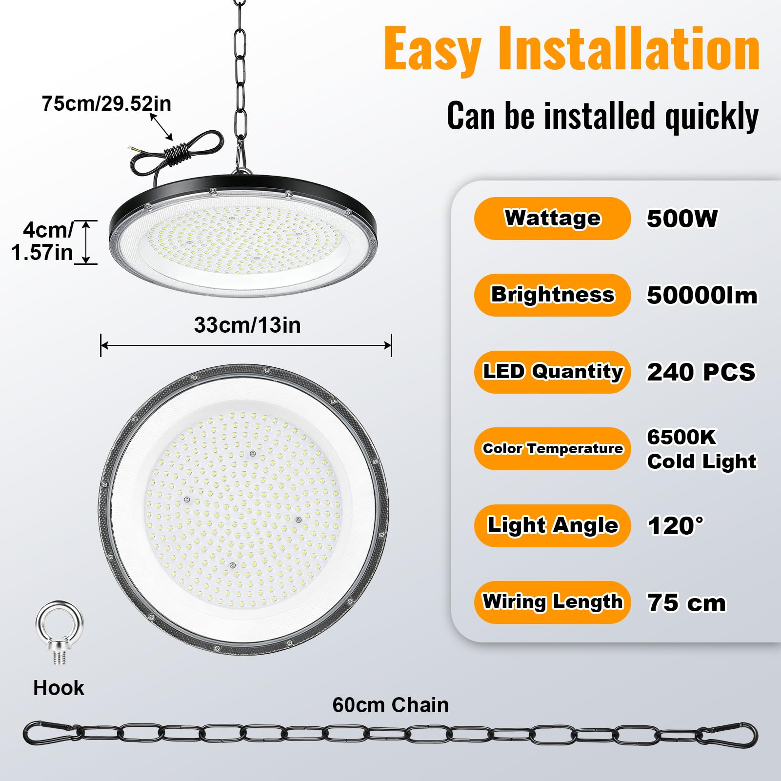 papasbox 4 Pack 500W LED lampada da soffitto per officina 6500K bianco freddo faretto da soffitto 50000lm | IP65 impermeabile UFO illuminazione per capannoni faretto lampada industriale