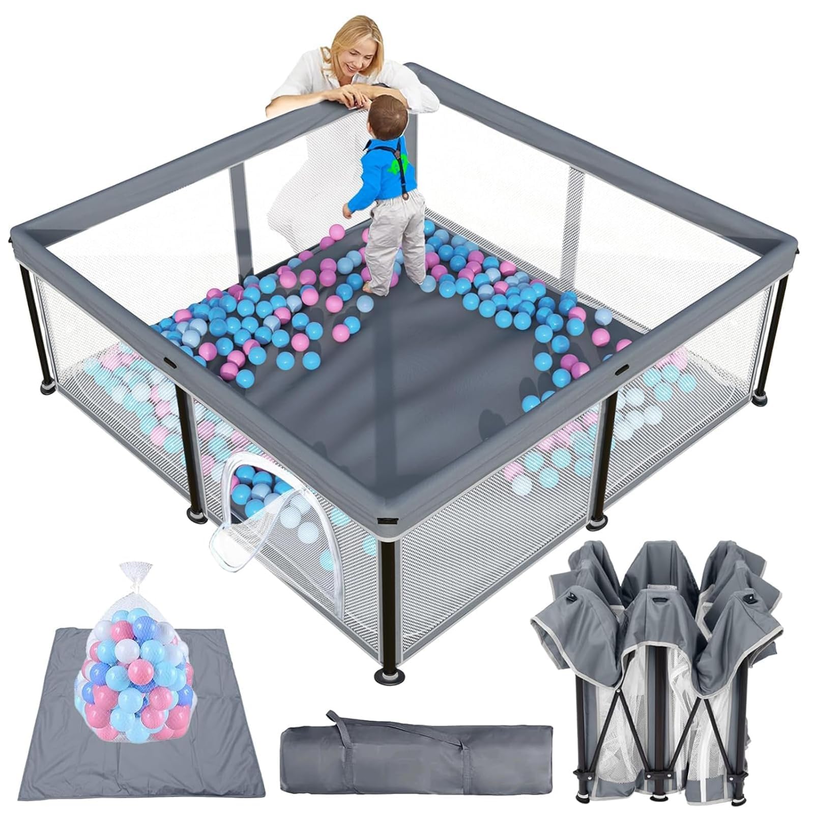 Box per bambini, 120 x 120 cm, con 2 anelli, con rete traspirante e chiusura lampo, colore: grigio scuro