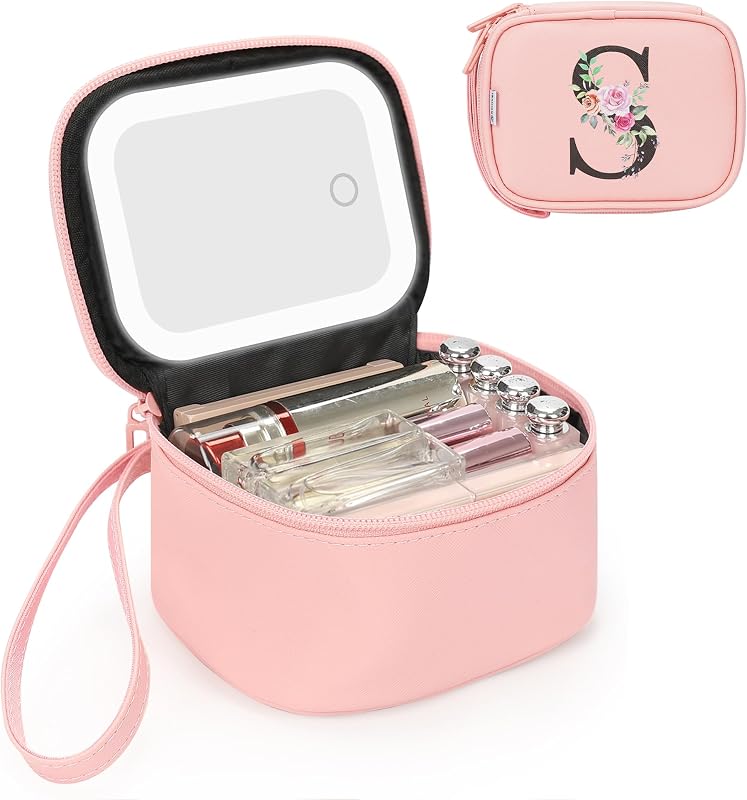 Relavel Mini Maleta de Maquiagem Rosa com Espelho LED, Inicial S, 1 unidade